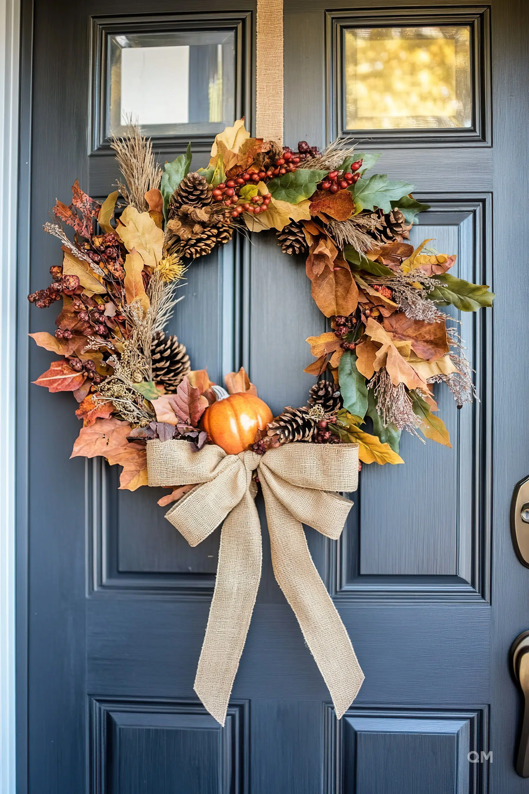 A festive autumn wreath with pine cones, leaves, berries, and a big burlap bow hanging on a dark gray front door.