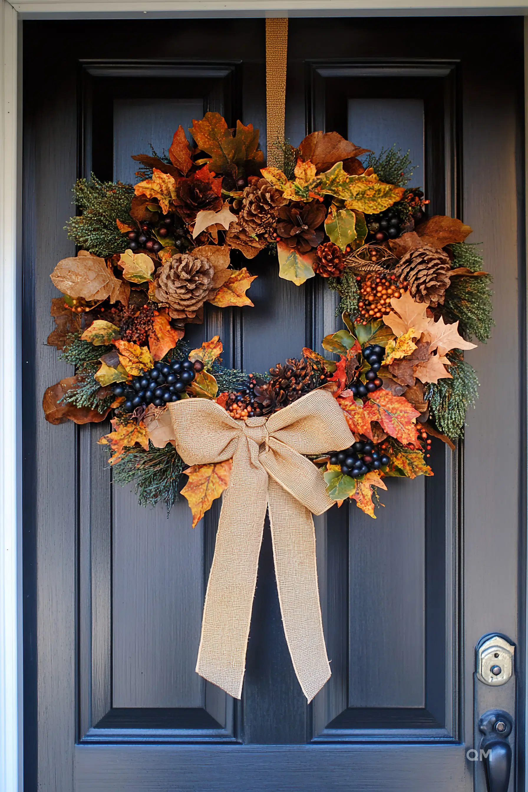Autumn-themed wreath with pine cones, leaves, and berries on a dark door, featuring a large bow at the bottom.