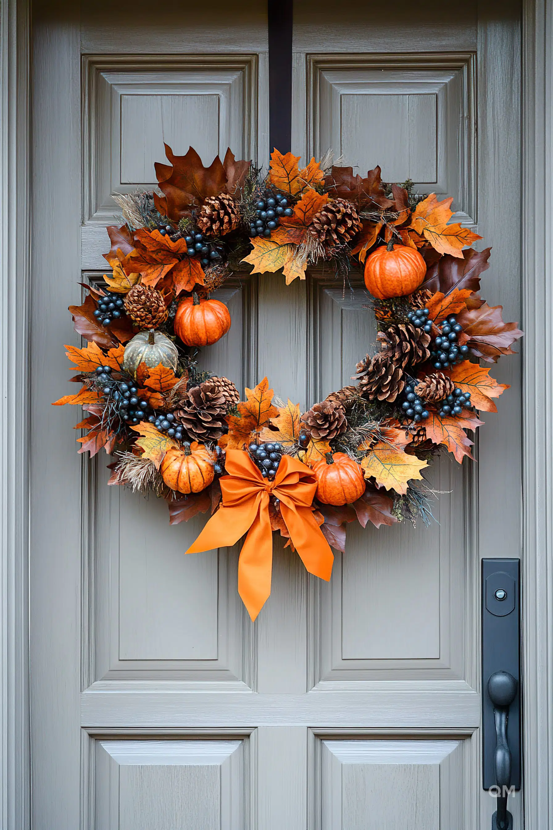 A festive autumn wreath adorned with leaves, pinecones, small pumpkins, and a bright orange bow, hanging on a grey door.