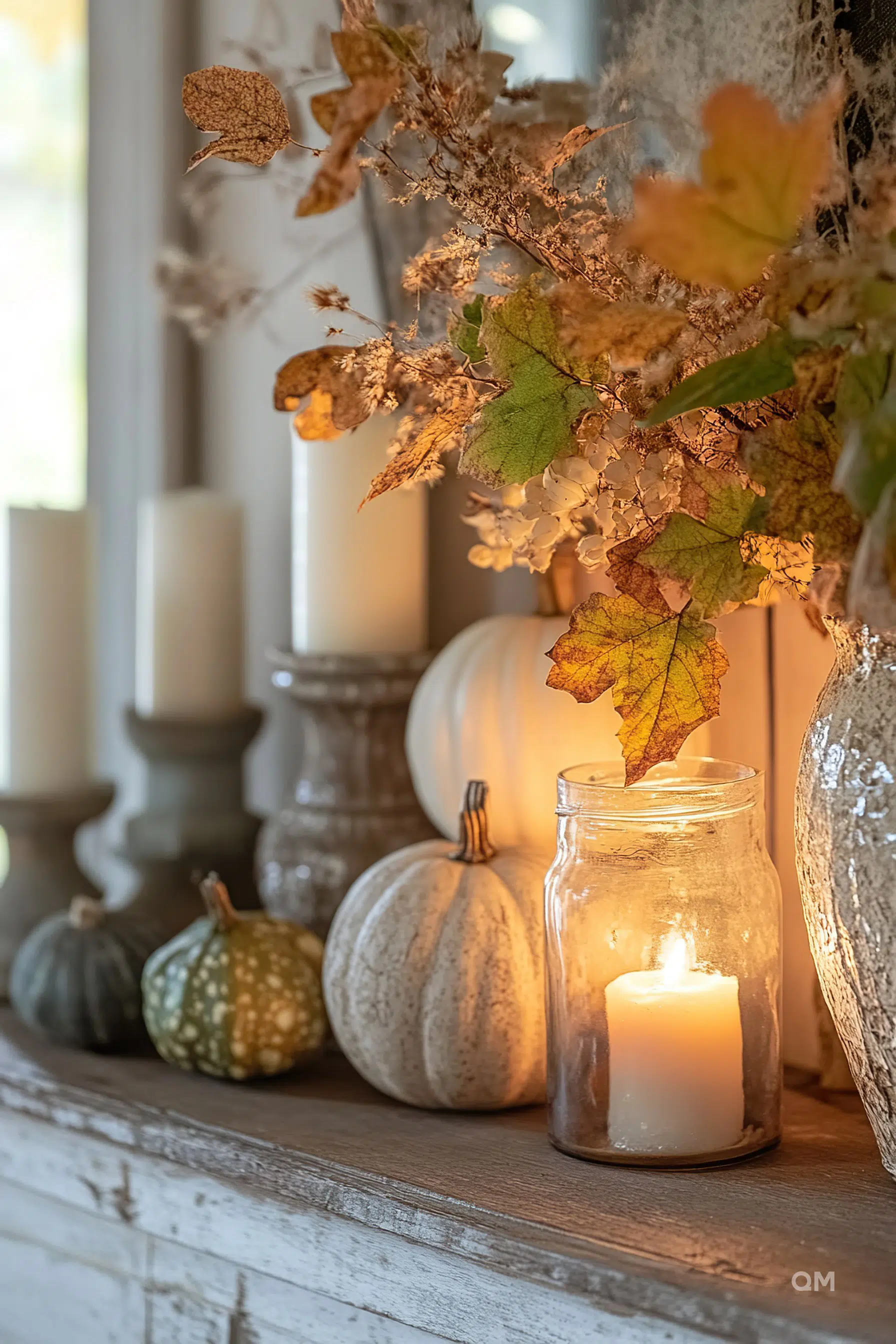 A cozy autumnal display featuring various decorative pumpkins and a lit candle inside a glass jar, surrounded by dried leaves and flowers.