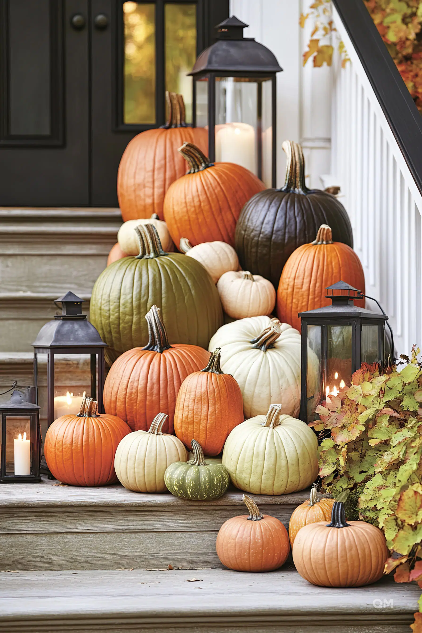 A variety of colorful pumpkins arranged on house steps with lit candles in lanterns, creating a cozy, festive autumn atmosphere.