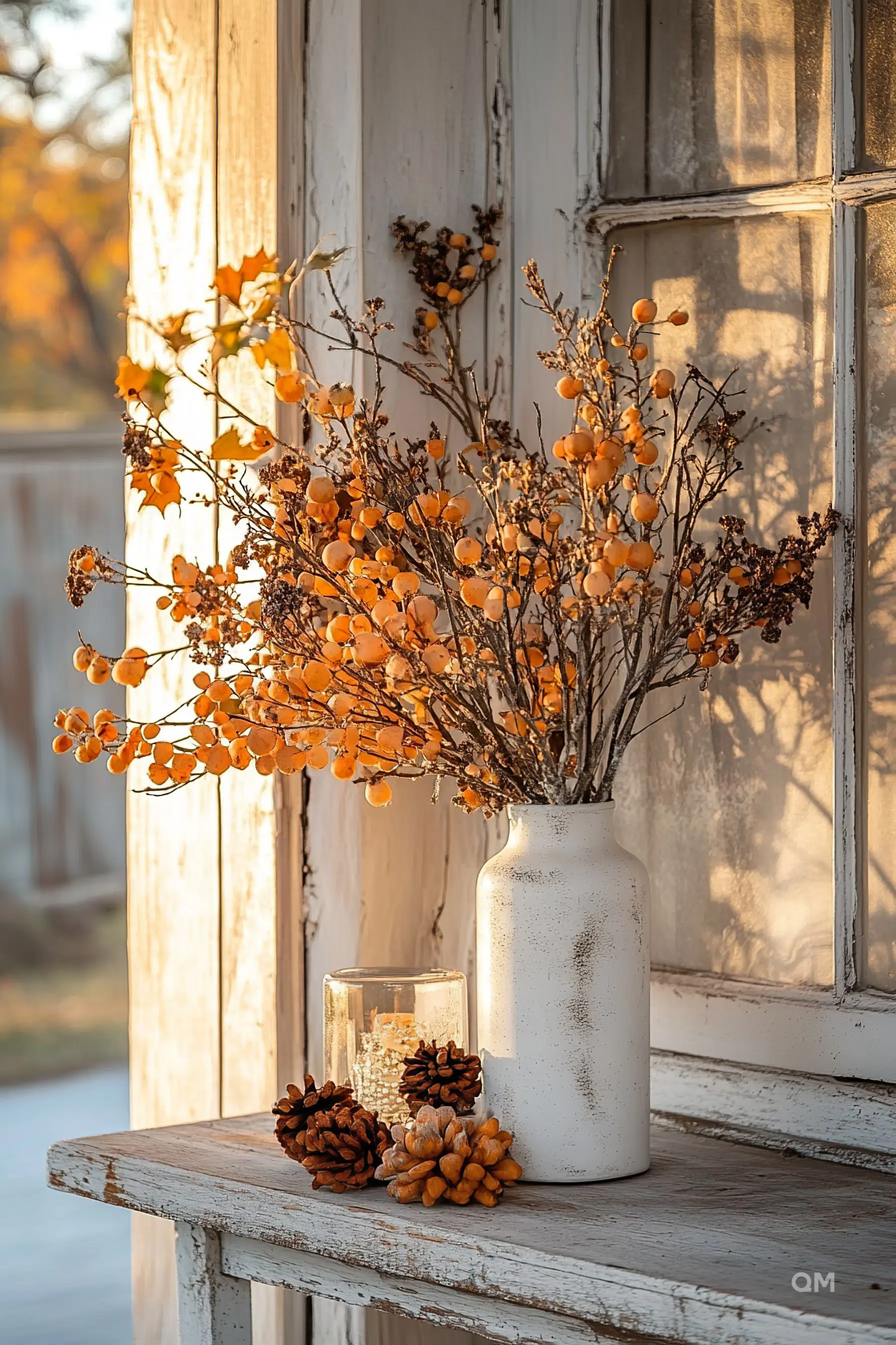 A rustic autumnal display by a window, featuring a vase with orange berries, pine cones, and a candle, basking in warm sunlight.