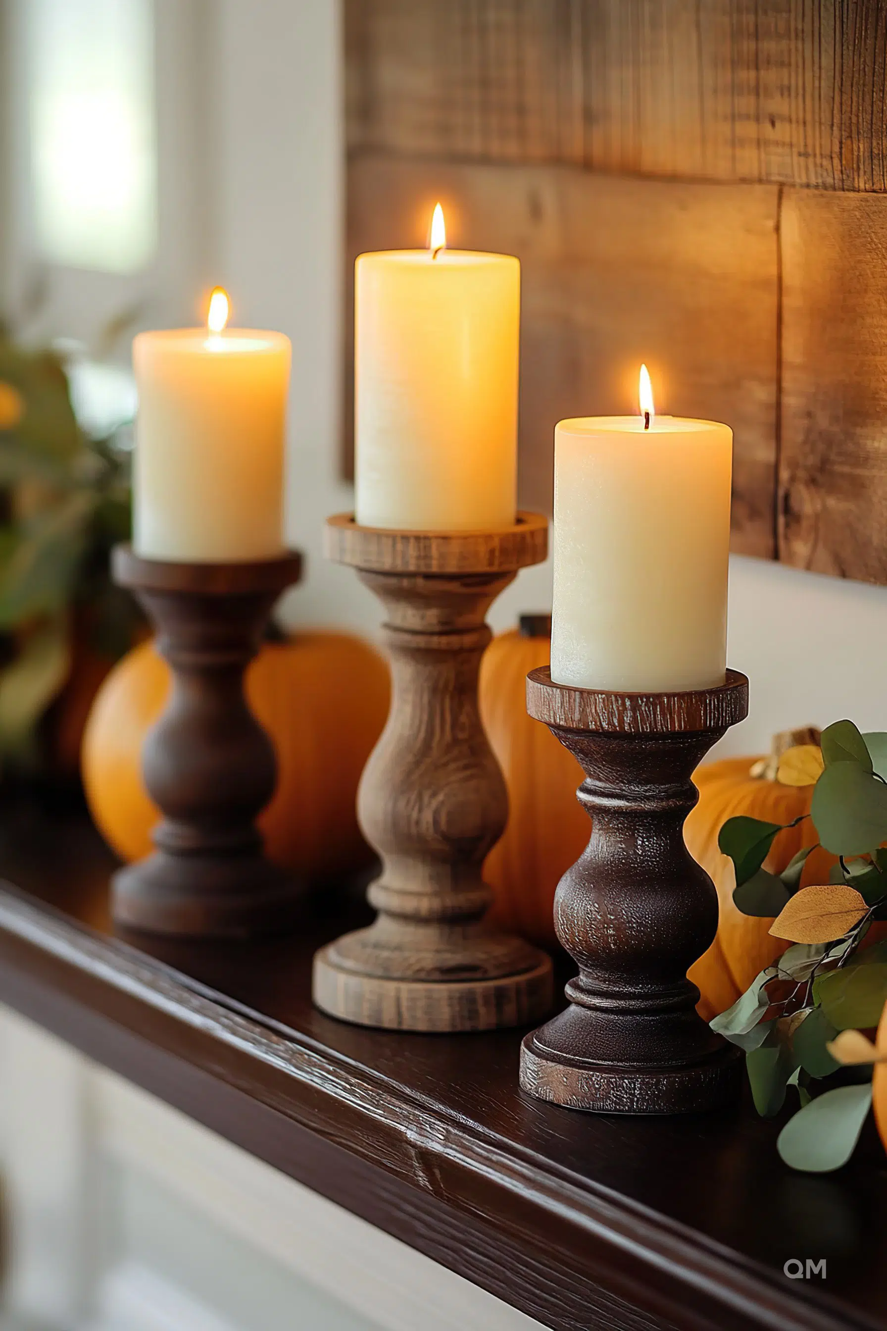 Three lit candles on wooden candlesticks of varying heights on a mantel, with a rustic backdrop and autumnal decor.