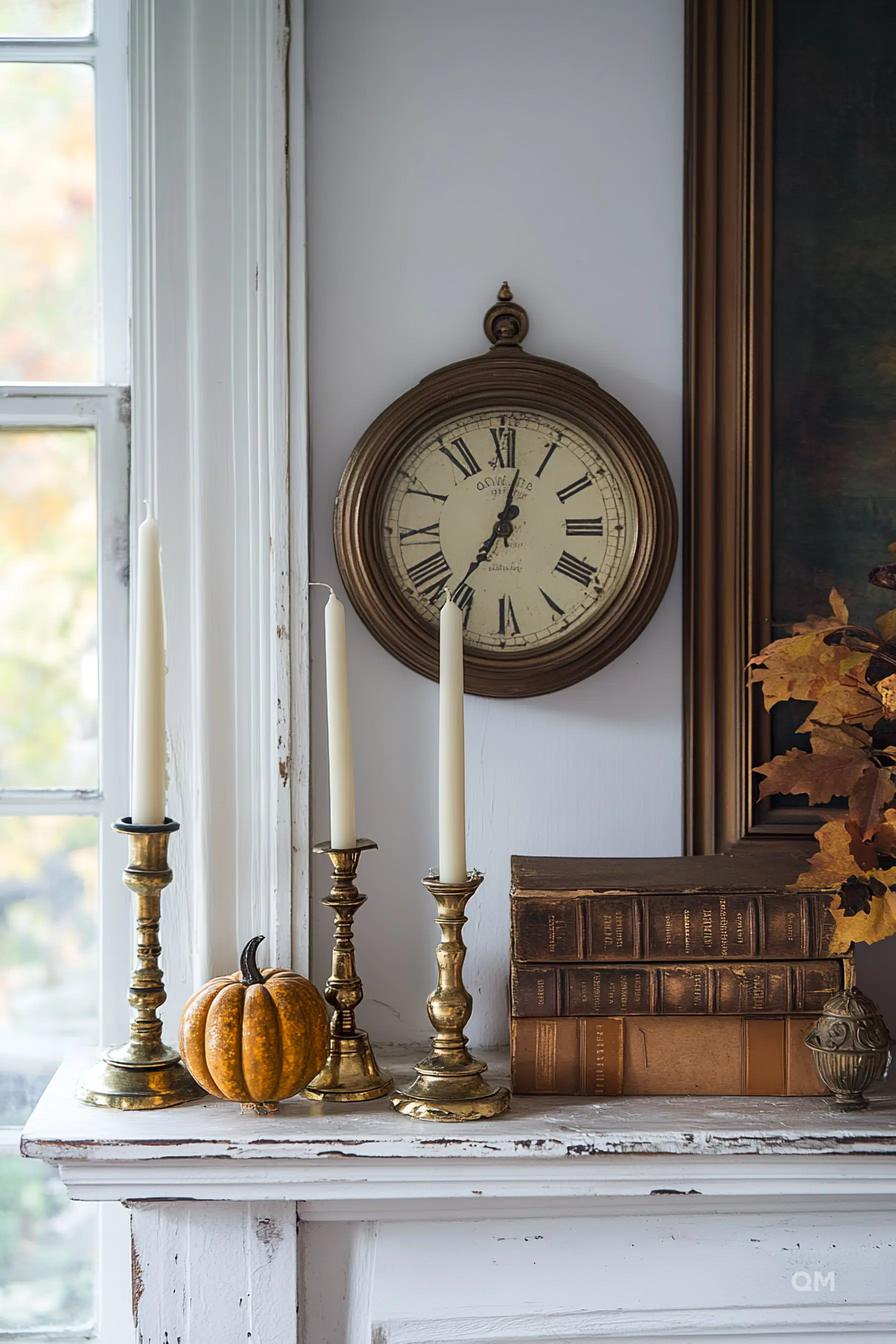 An antique wall clock, candlesticks with white candles, a small pumpkin, and old books on a windowsill, conveying vintage autumnal vibes.