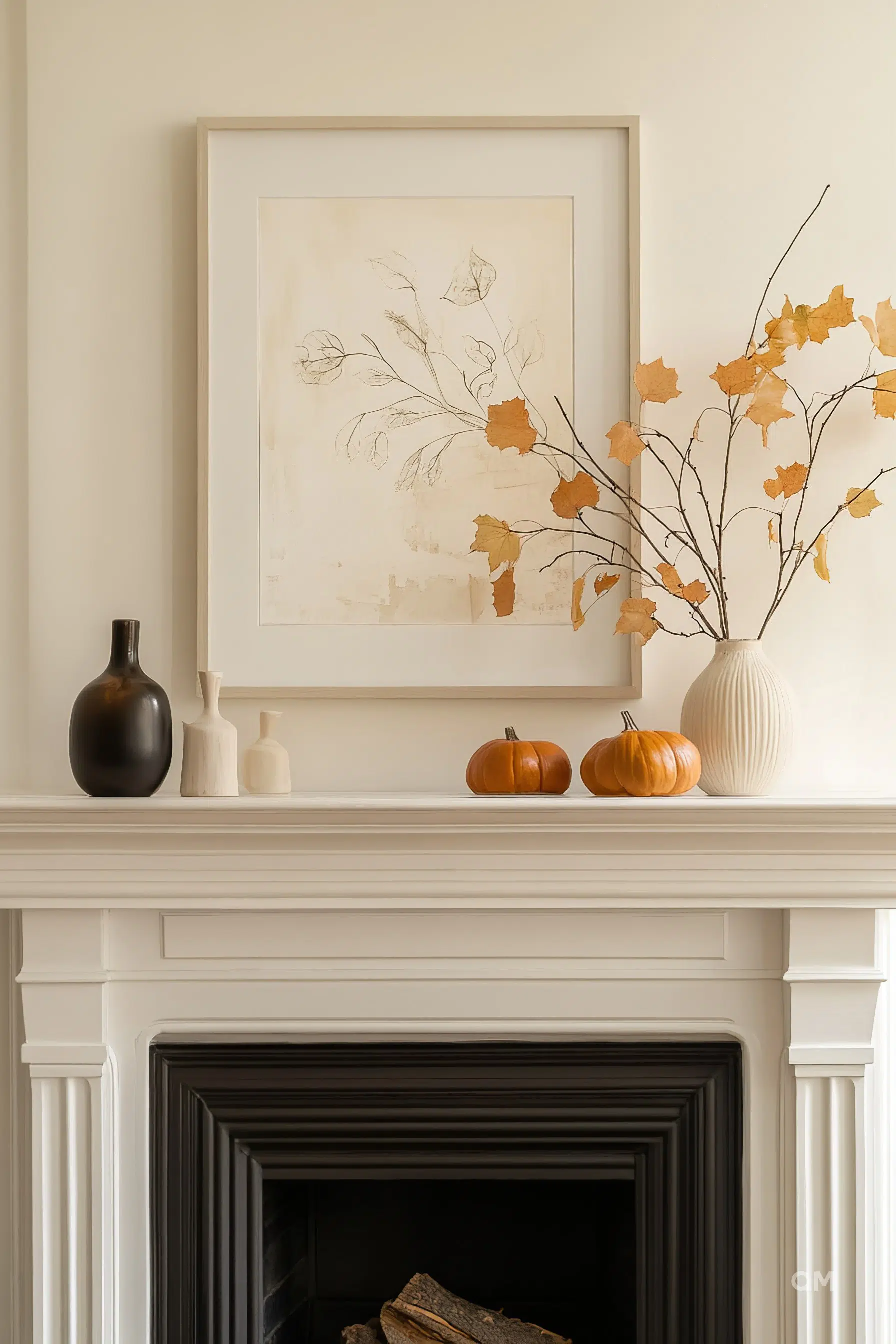 Elegant mantelpiece with black vase, small pale bottles, two pumpkins, and vase with leafy branches below a framed botanical artwork.