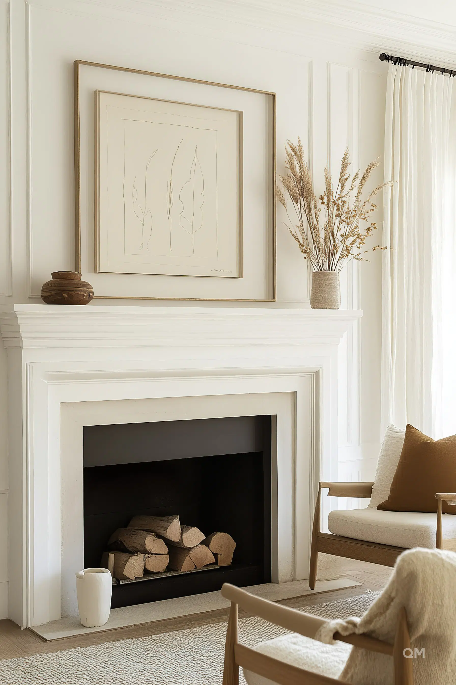 A minimalist living room with a white fireplace, wooden framed leaf art above, a vase with dried plants, and cozy modern furniture.