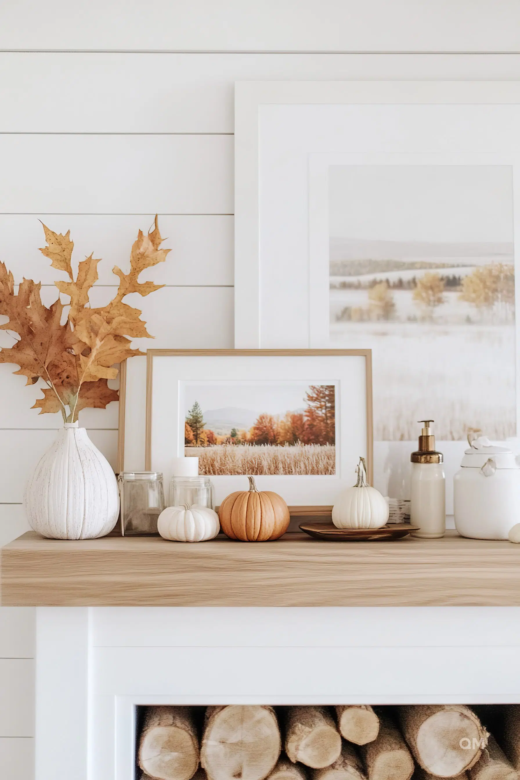A cozy autumn-themed mantelpiece display with framed art, decorative pumpkins, dried leaves in a vase, and neatly stacked firewood below.