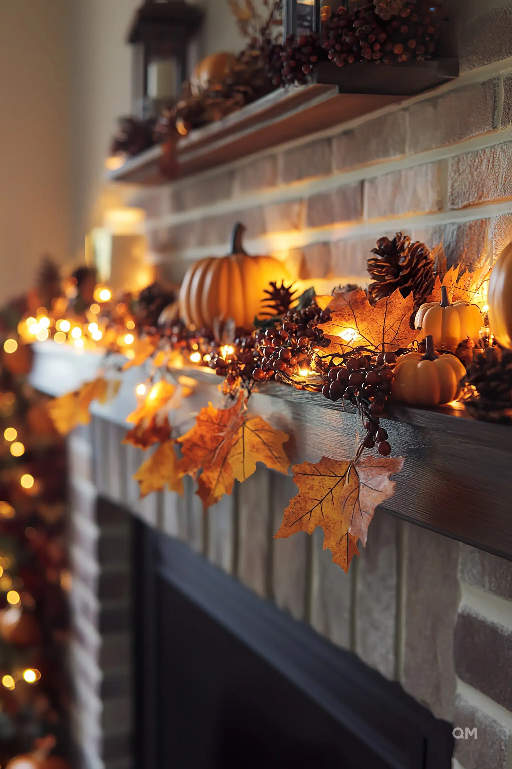A festively decorated fireplace mantel with pumpkins, pinecones, and autumn leaves, illuminated by twinkling string lights.