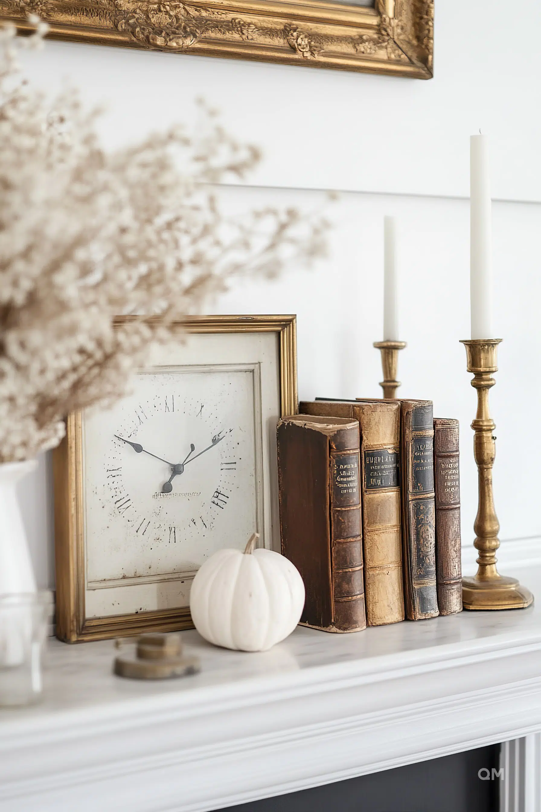 A vintage clock, antique books, a white pumpkin, and tall candle holders on a mantelpiece, with a gilded frame and flowers in the background.