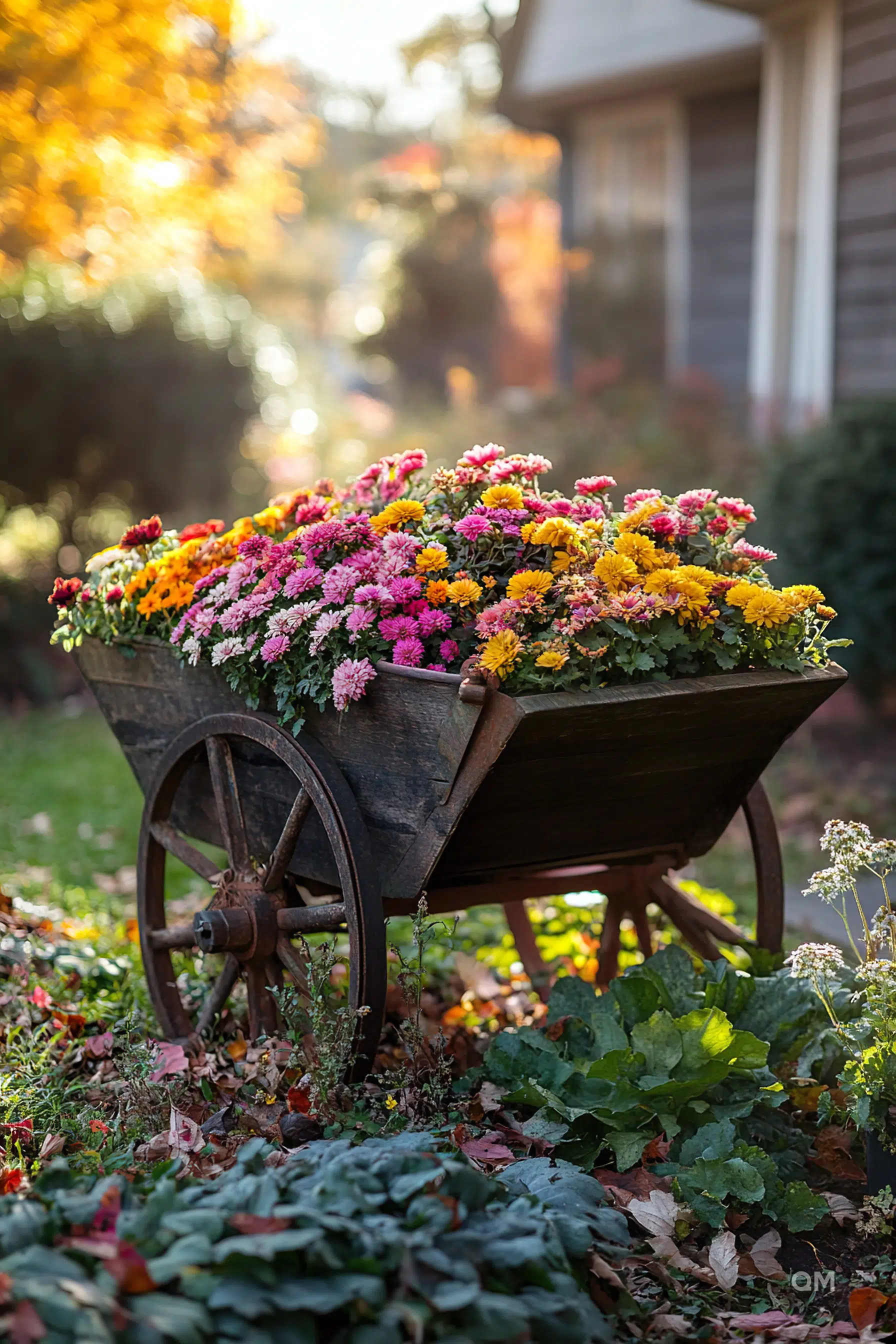 A rustic wooden wheelbarrow overflowing with colorful autumn flowers, set against a backdrop of fall foliage and a house.