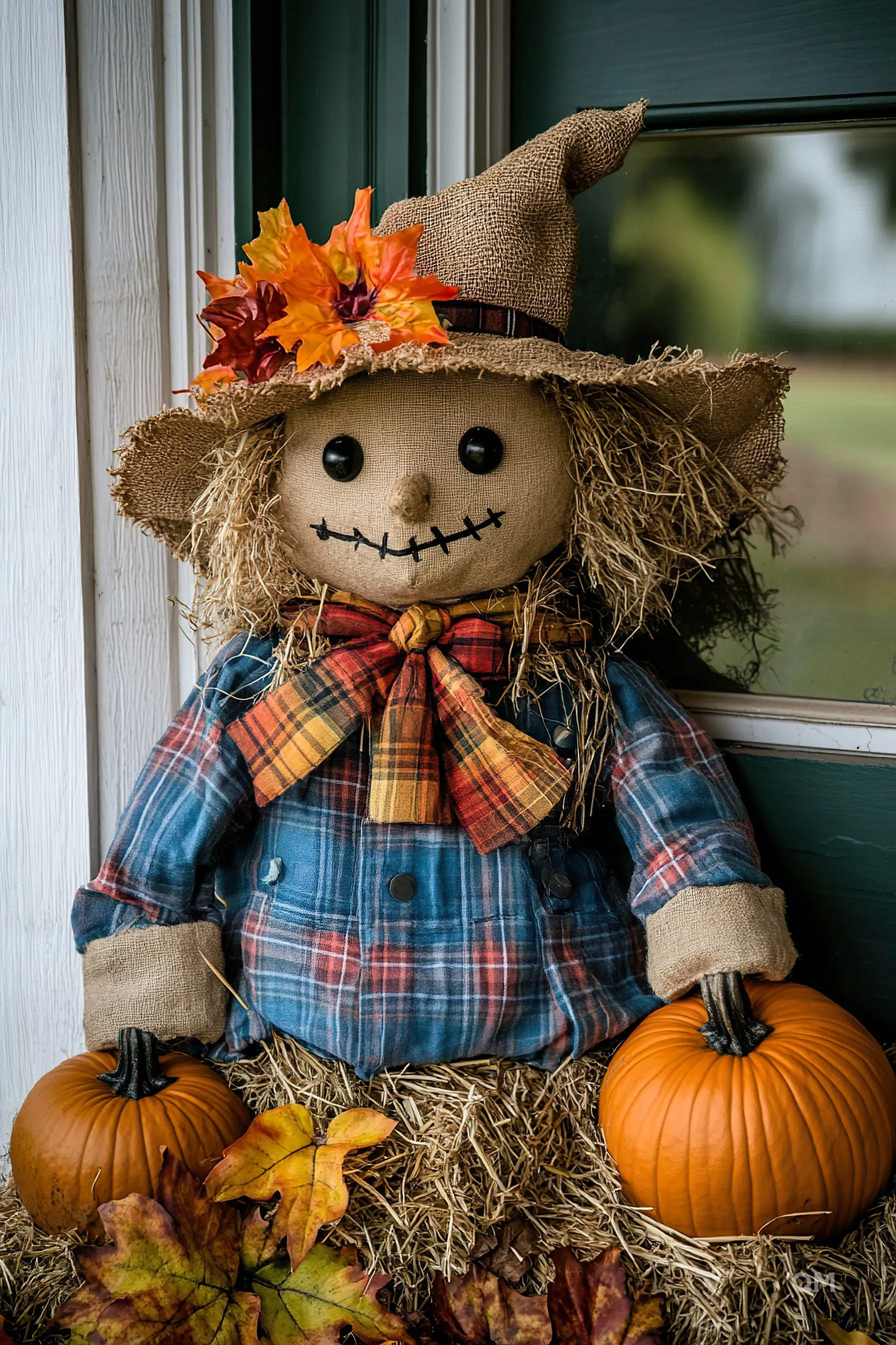 A stuffed scarecrow figure with a smile, wearing a hat, plaid shirt, and bow tie, sitting beside pumpkins and autumn leaves.