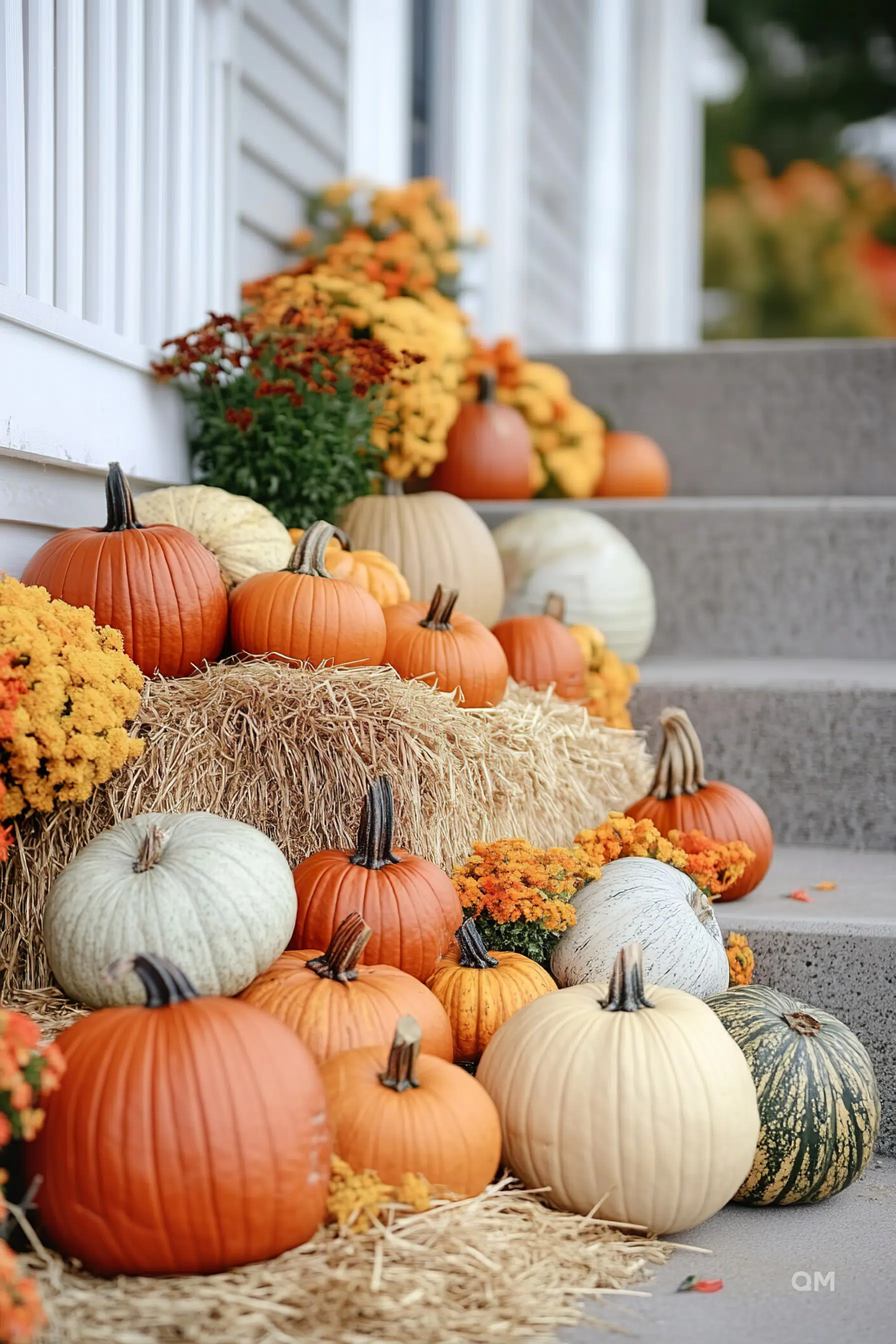 Pumpkins and gourds in various colors displayed on steps with hay bales and fall flowers, creating a festive autumn scene.