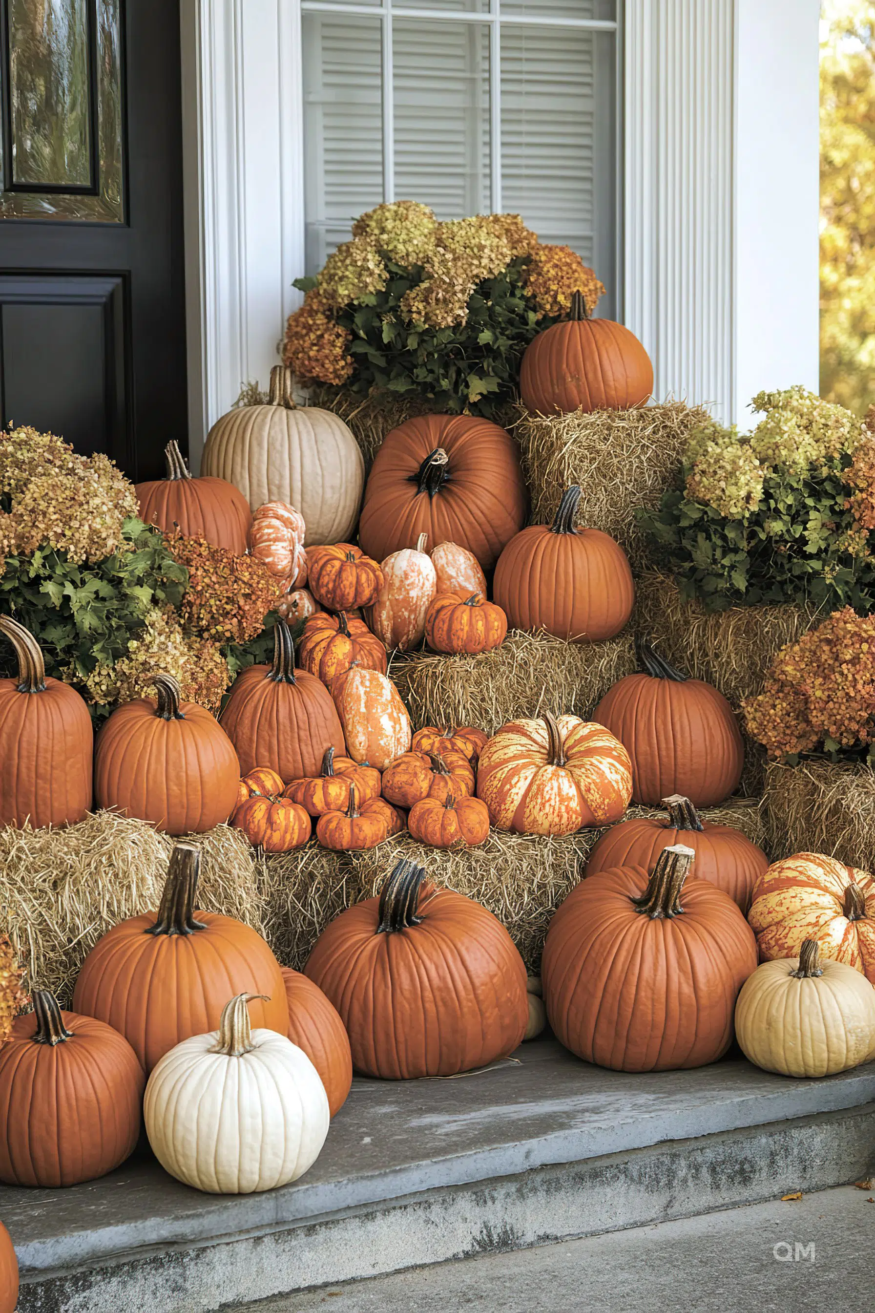 Front porch steps decorated with a variety of pumpkins and hay bales, creating a festive autumnal display.