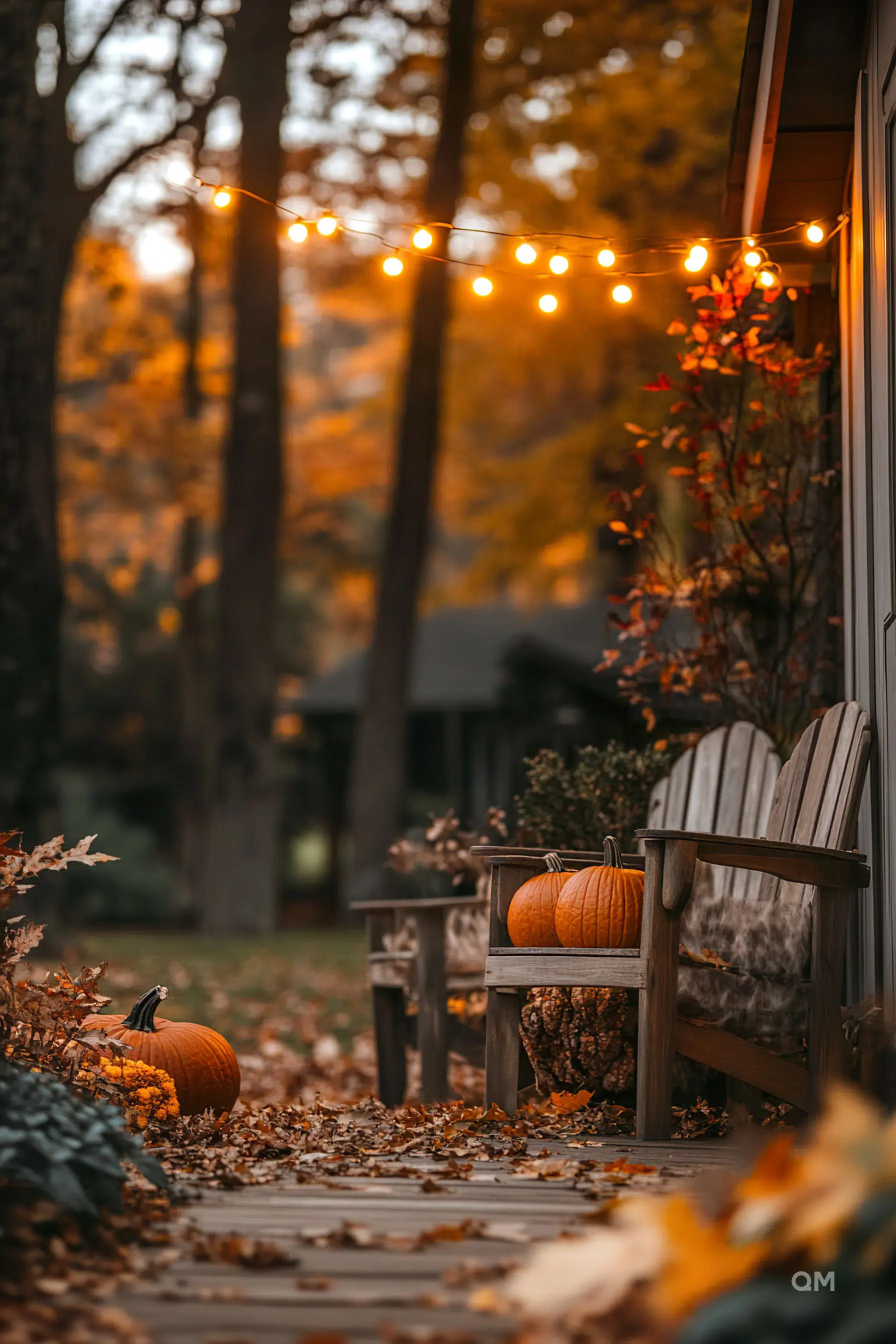 Cozy autumn scene with pumpkins on a porch, a wooden bench, fall leaves on the ground, and warm string lights among trees.