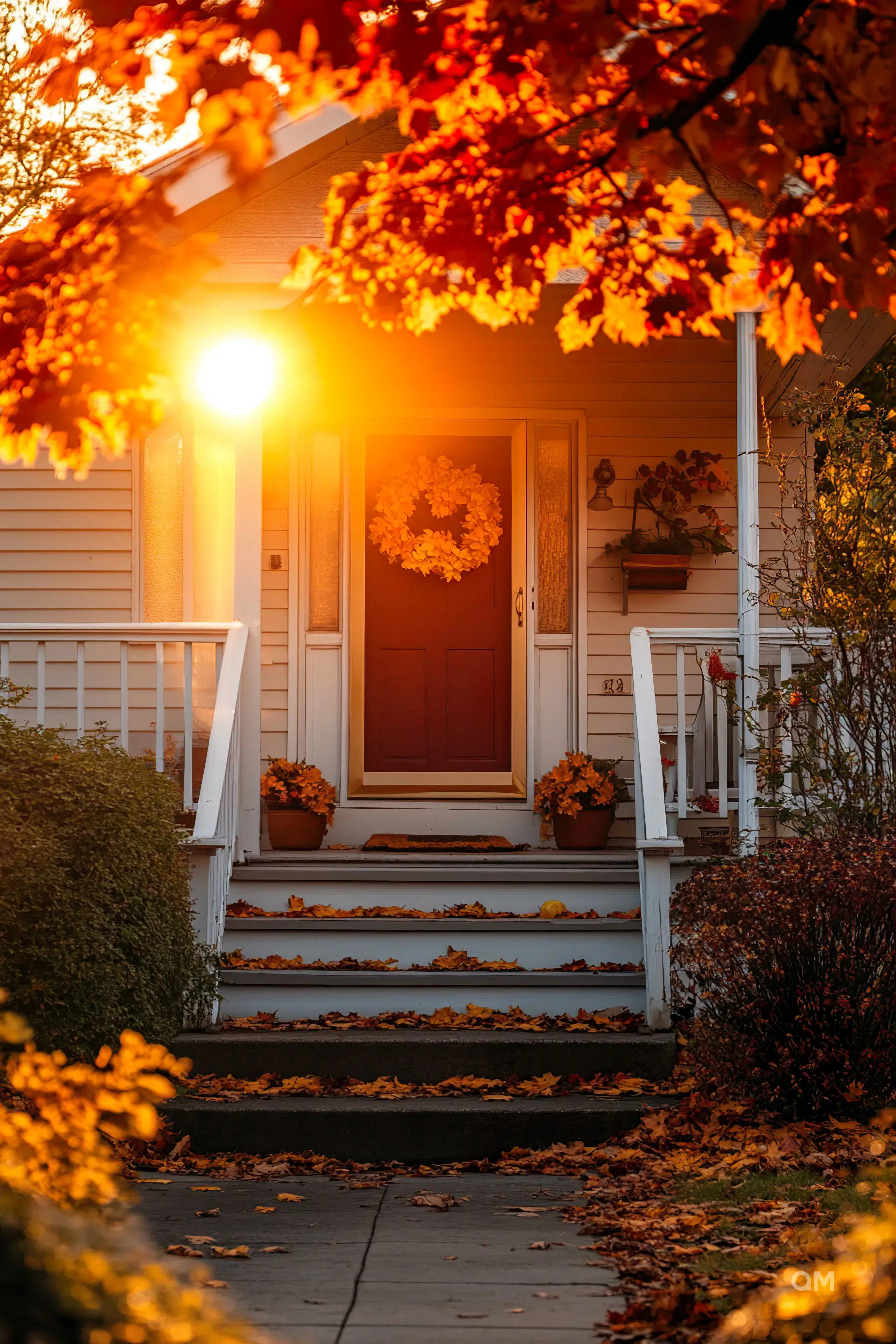 A cozy house entrance adorned with fall decorations and warmly lit by a setting sun shining through autumn leaves.