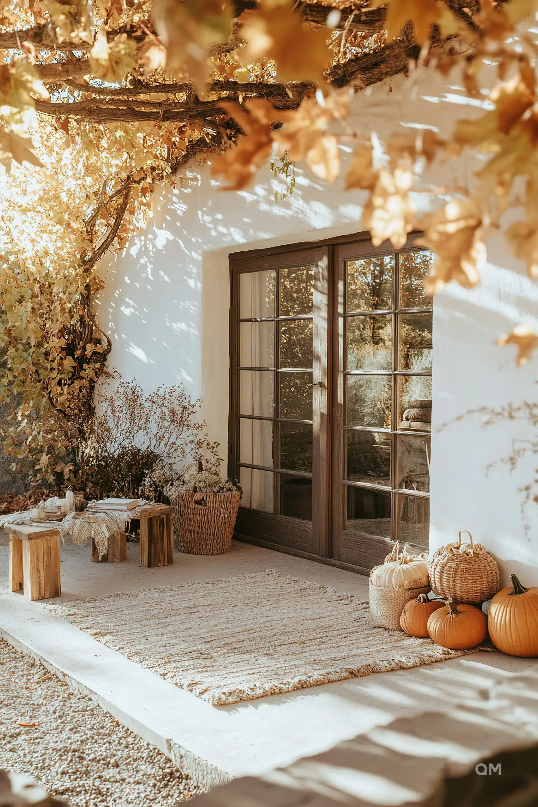 Cozy autumn porch with a glass door, pumpkins, woven baskets, dried flowers, and wooden stools under golden foliage.