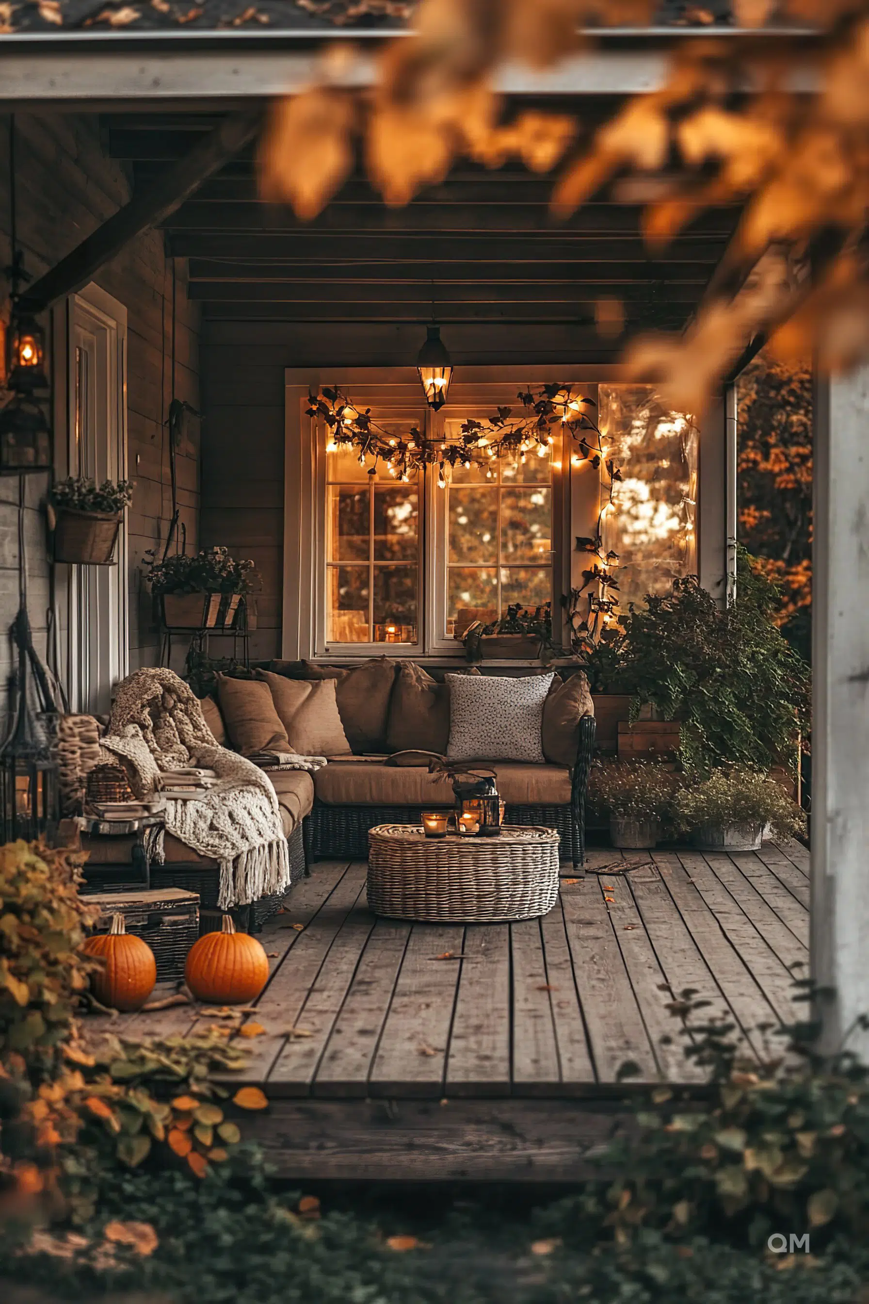 Cozy covered porch decorated with autumn elements, string lights, pumpkins, candles, and comfortable seating surrounded by fall foliage.