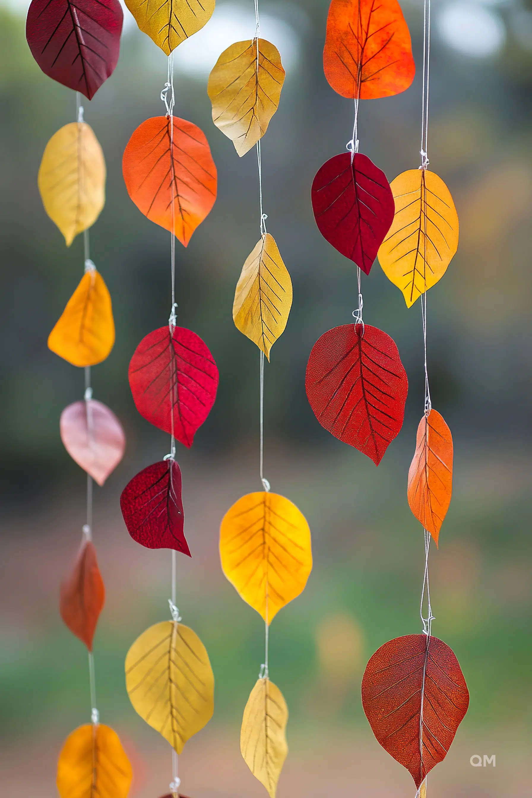 Colorful autumn leaves suspended on strings against a soft-focus background, creating a natural curtain.