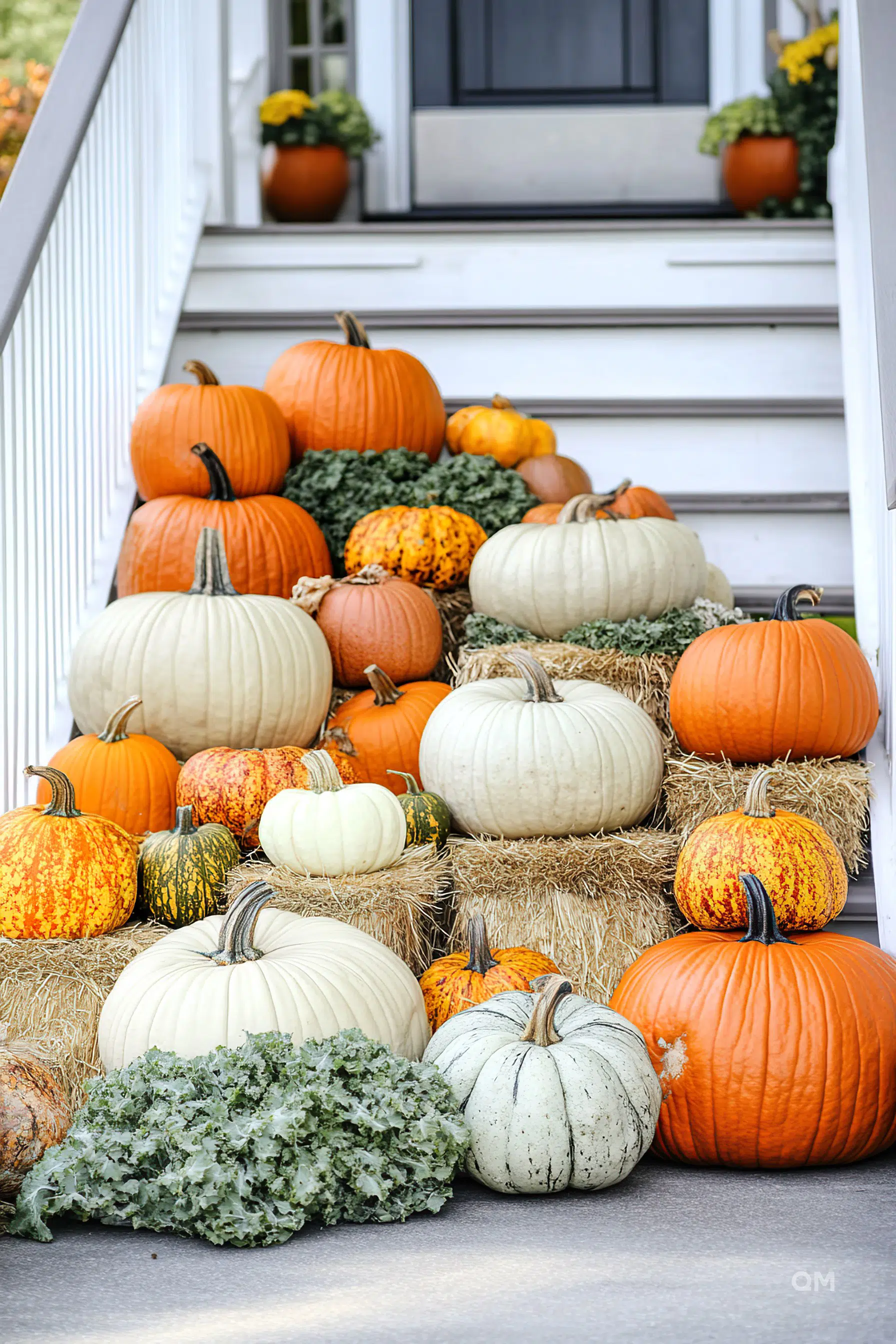 A variety of pumpkins and gourds on hay bales decorate white house steps, creating an autumnal display.