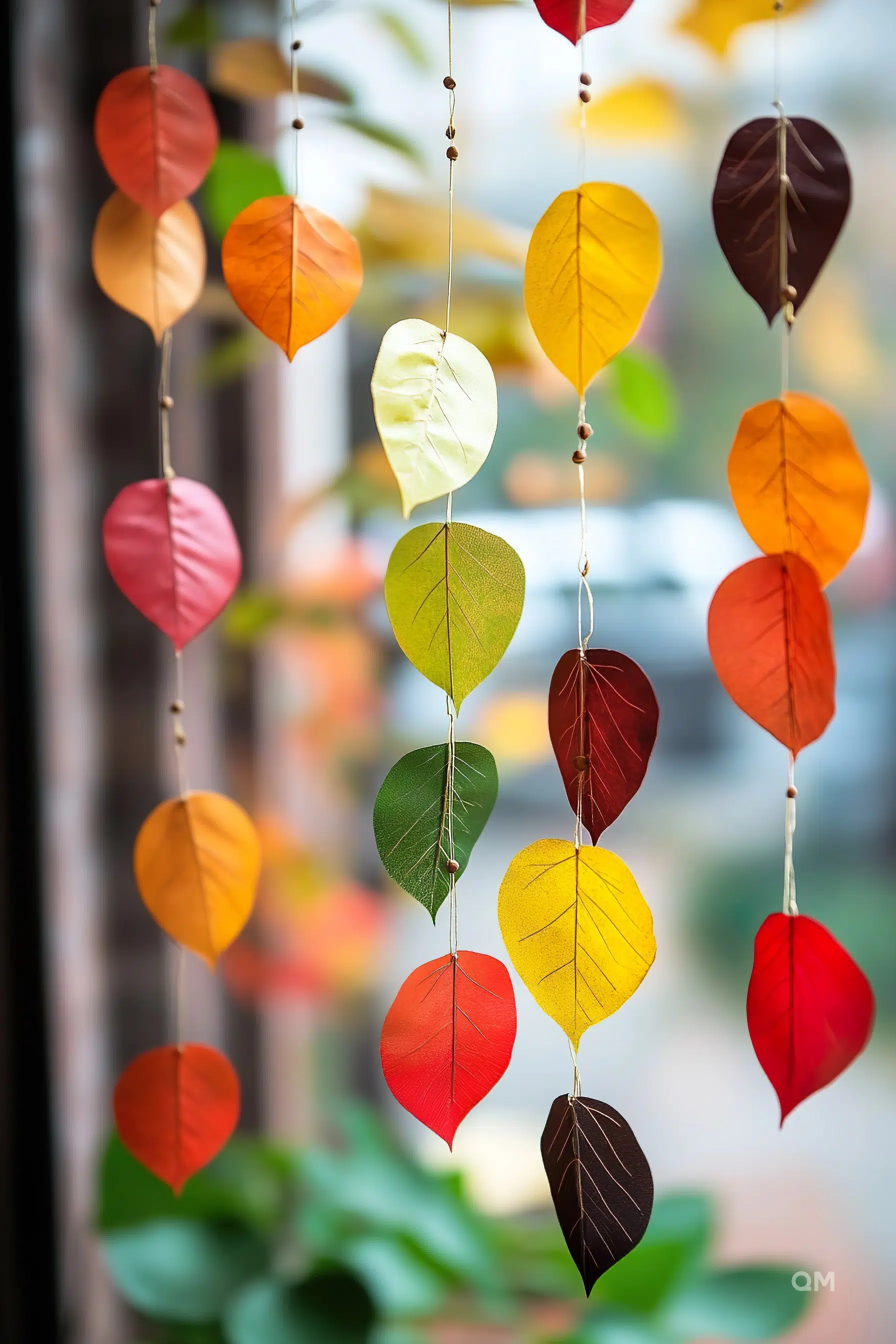 Colorful leaf-shaped decorations hanging in strings with a blurred background.
