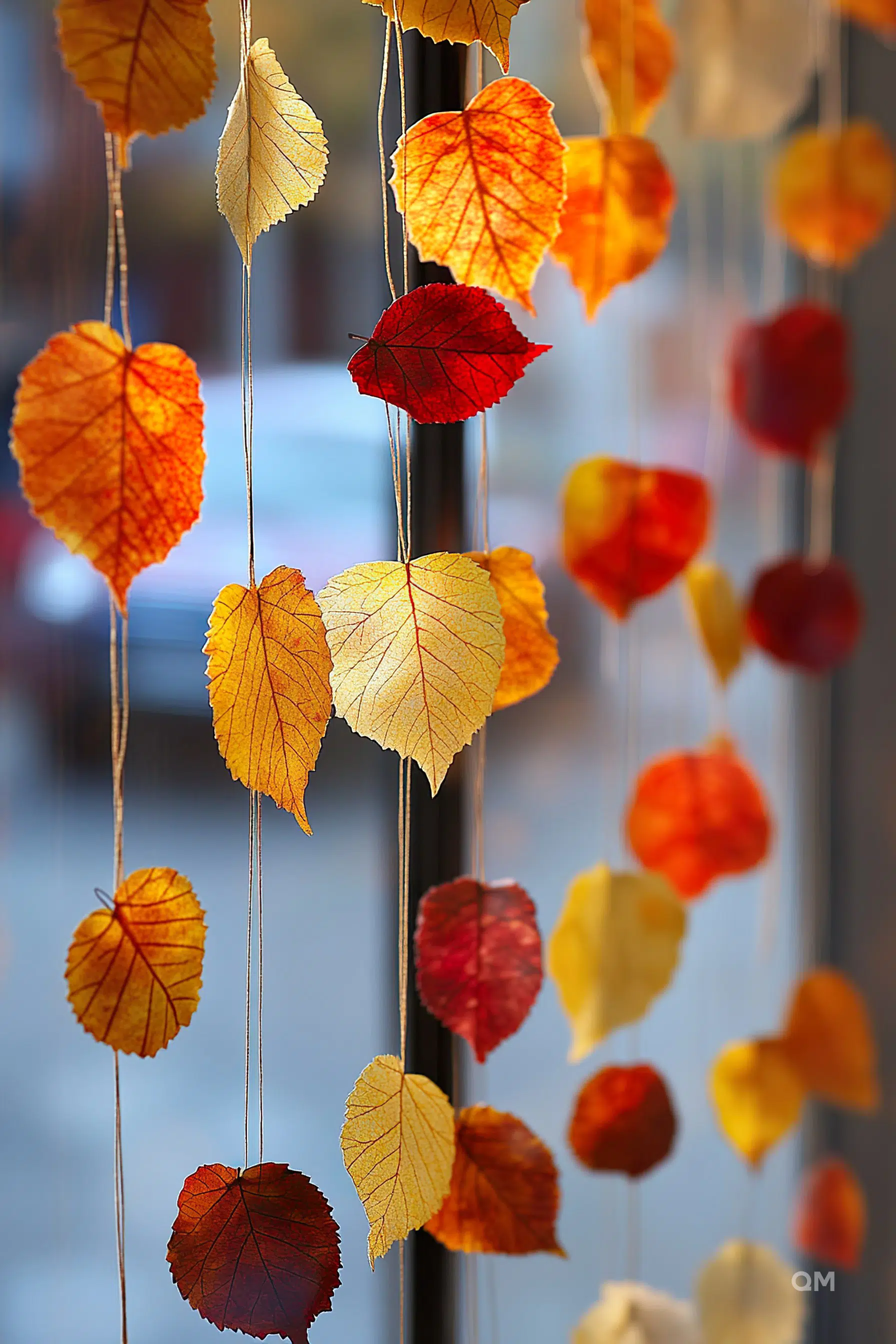 Colorful autumn leaves hanging on strings with a blurred background.