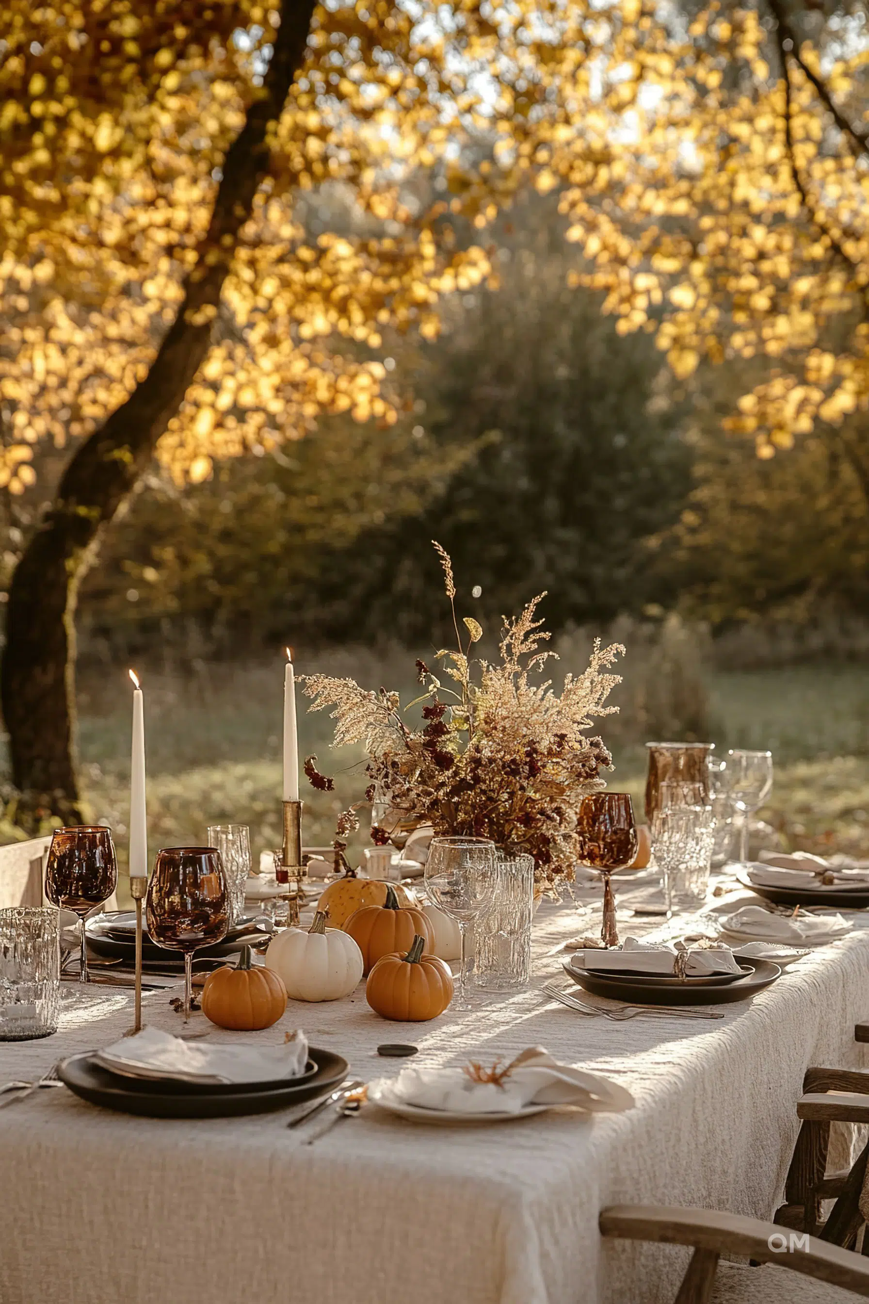 ALT: An elegantly set outdoor dining table with lit candles, autumnal decor, pumpkins, and a warm golden foliage backdrop.