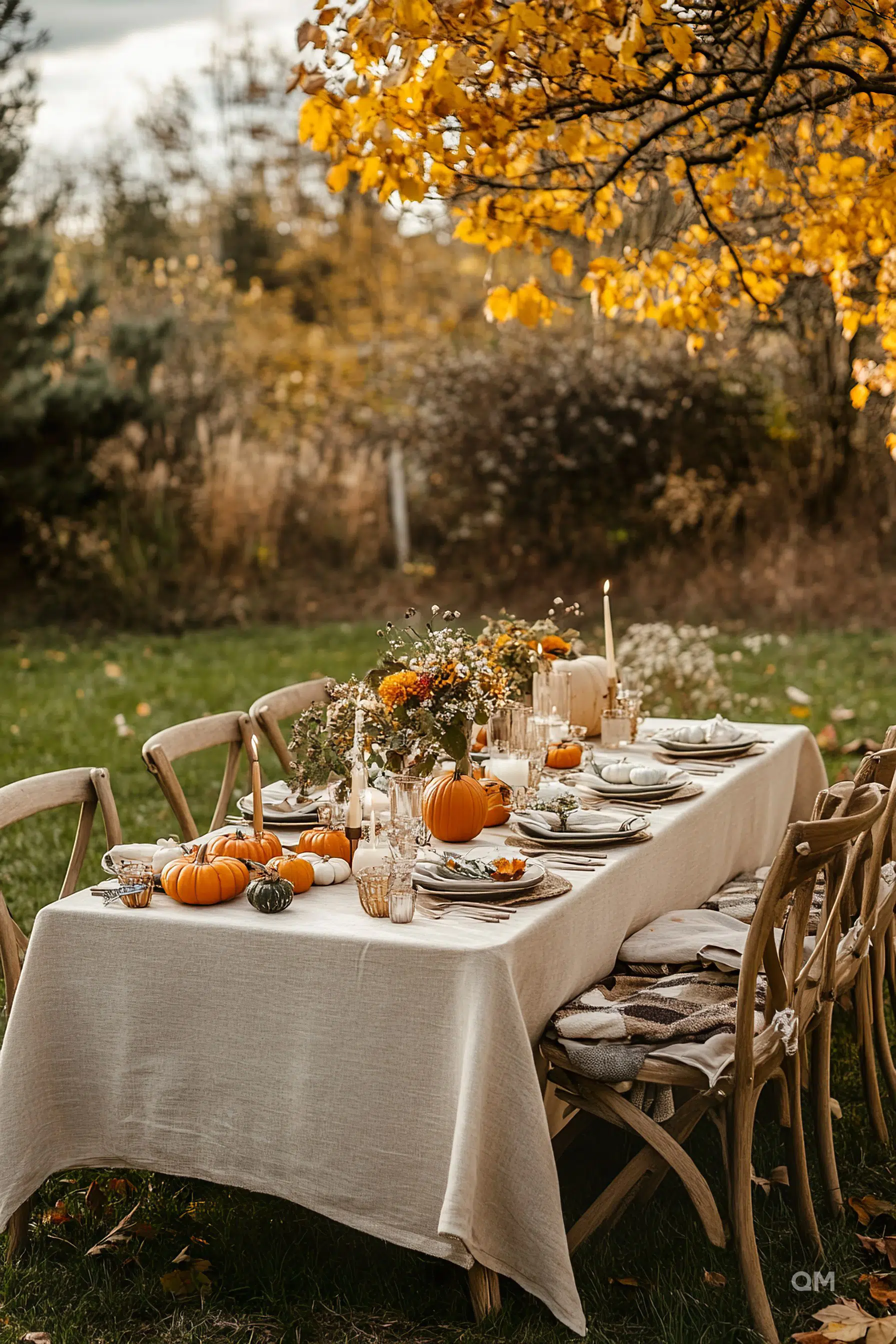 Outdoor autumnal table setting with lit candles, pumpkins, and fall foliage. Warm, inviting atmosphere for a seasonal gathering.