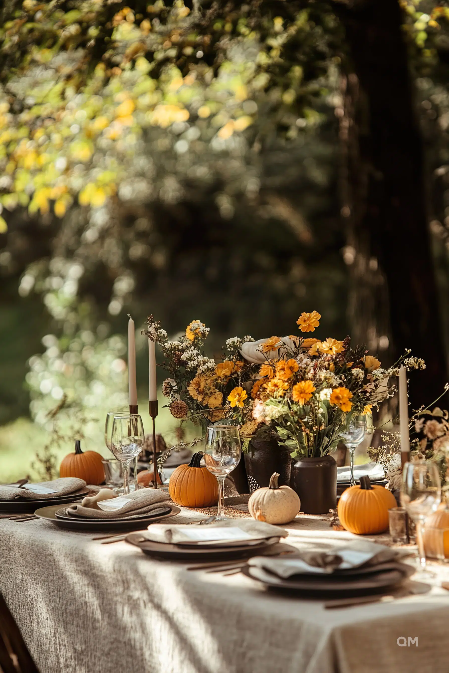Elegant outdoor dining table set for an autumnal meal, decorated with pumpkins, candles, and an arrangement of fall flowers.