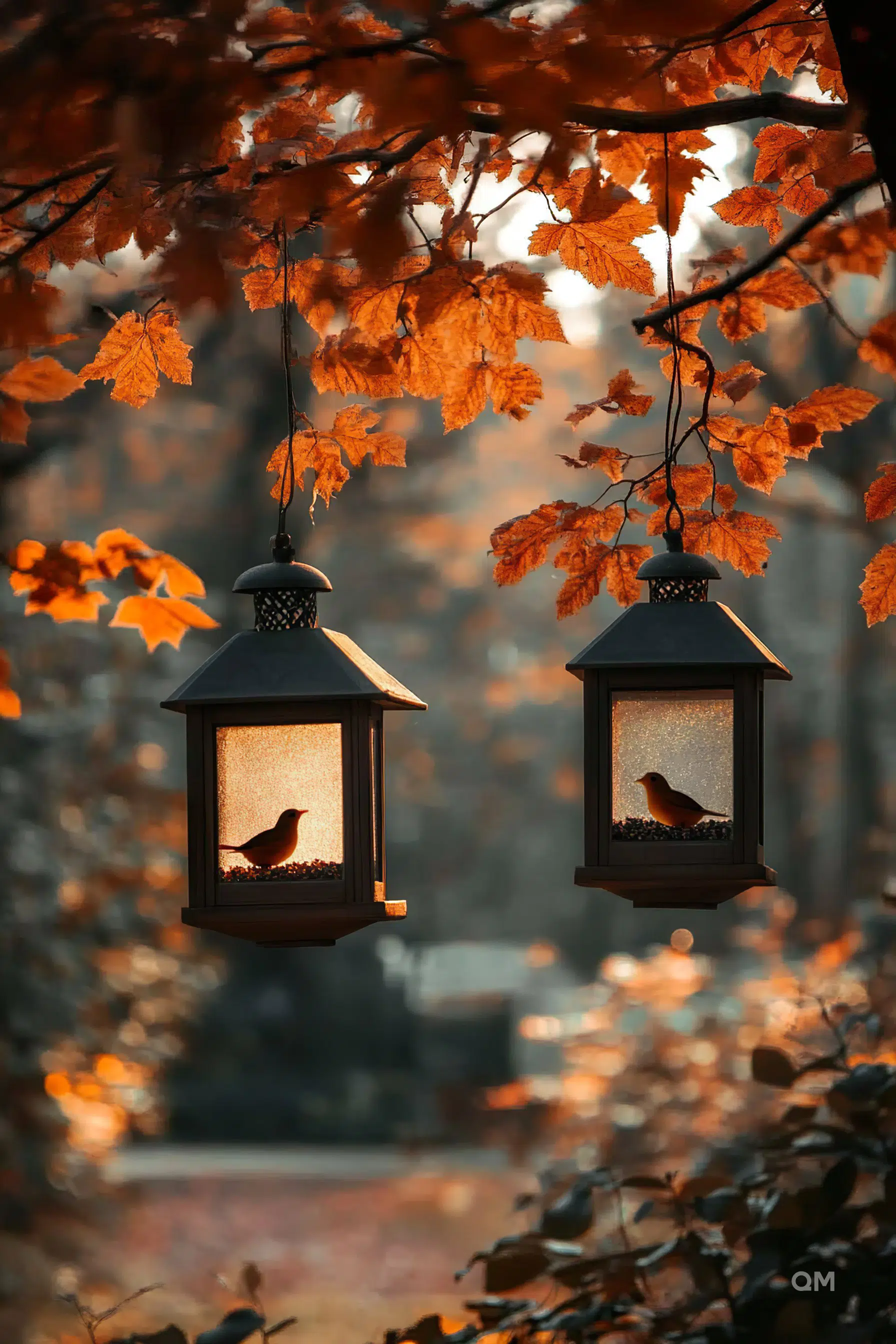 Two hanging bird feeders with birds inside, amidst autumn leaves in a warm, glowing light.
