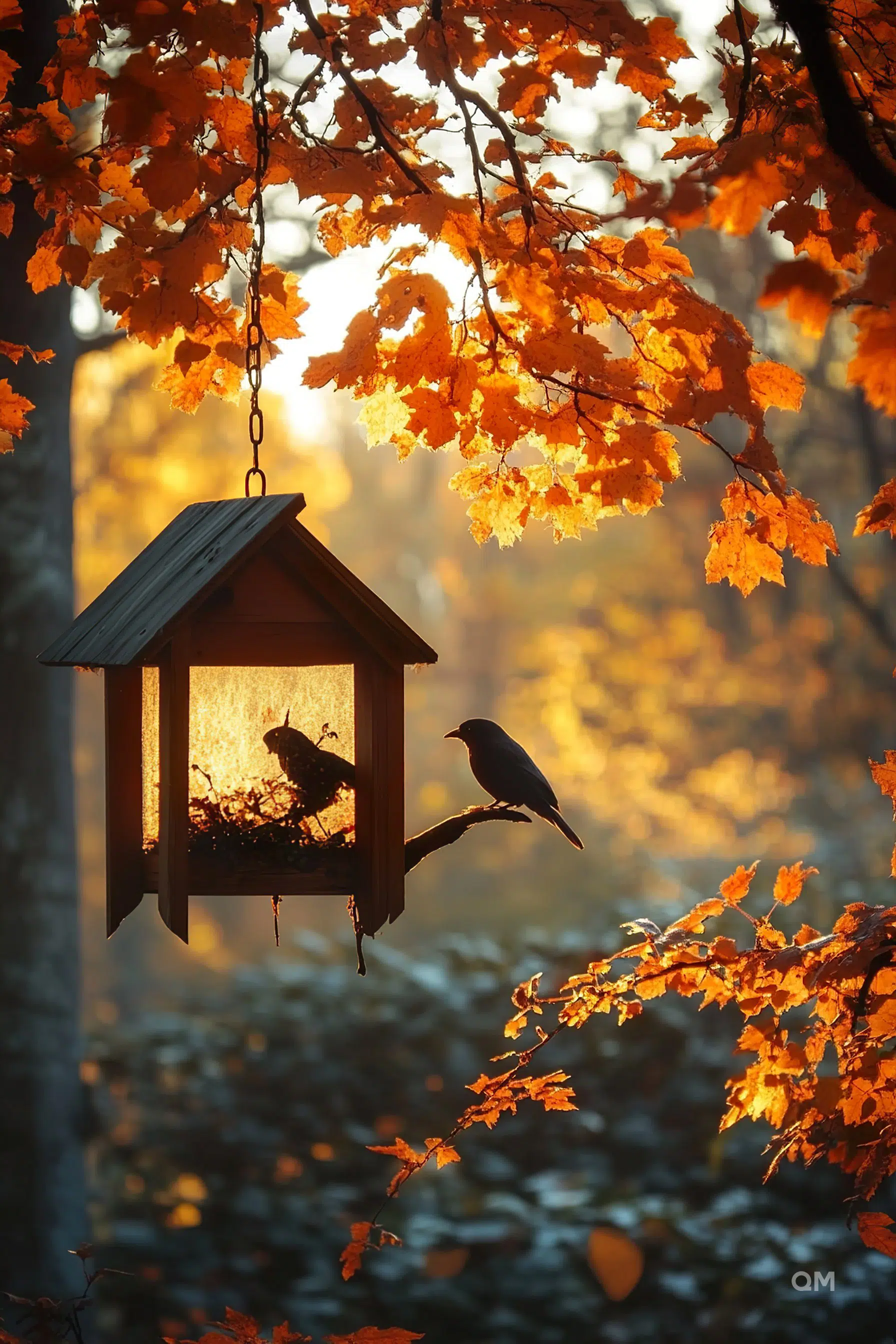 A bird perches near a wooden feeder among autumn leaves, with warm sunlight filtering through, creating a tranquil scene.