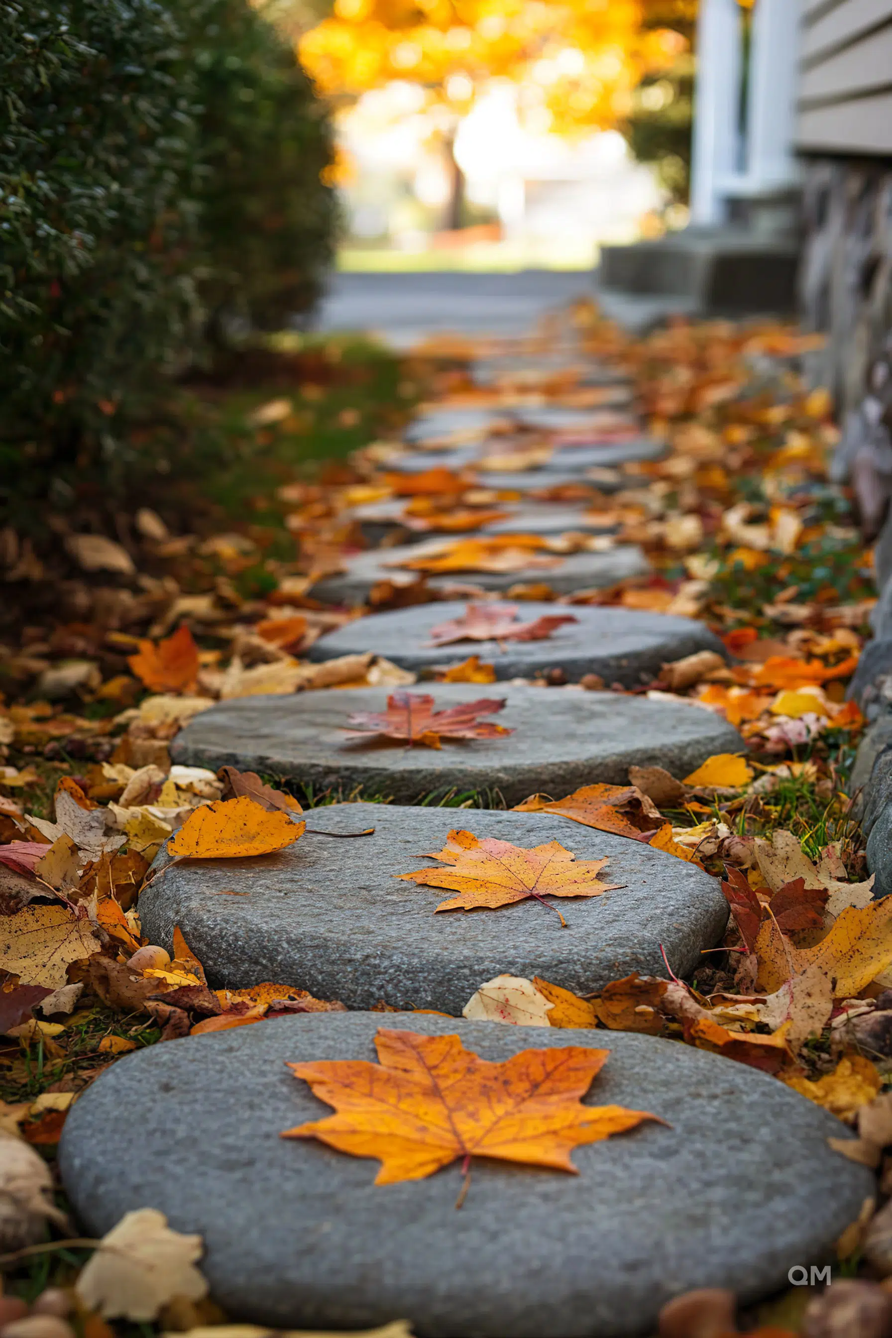 Stepping stones lined with fallen autumn leaves leading through a garden with a blurred background of fall foliage.