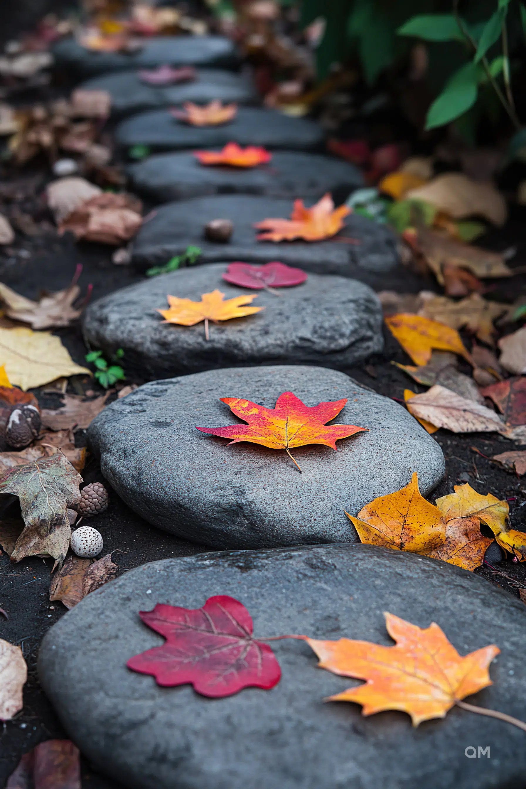 A winding path of smooth, round stepping stones interspersed with colorful autumn leaves and small pinecones.