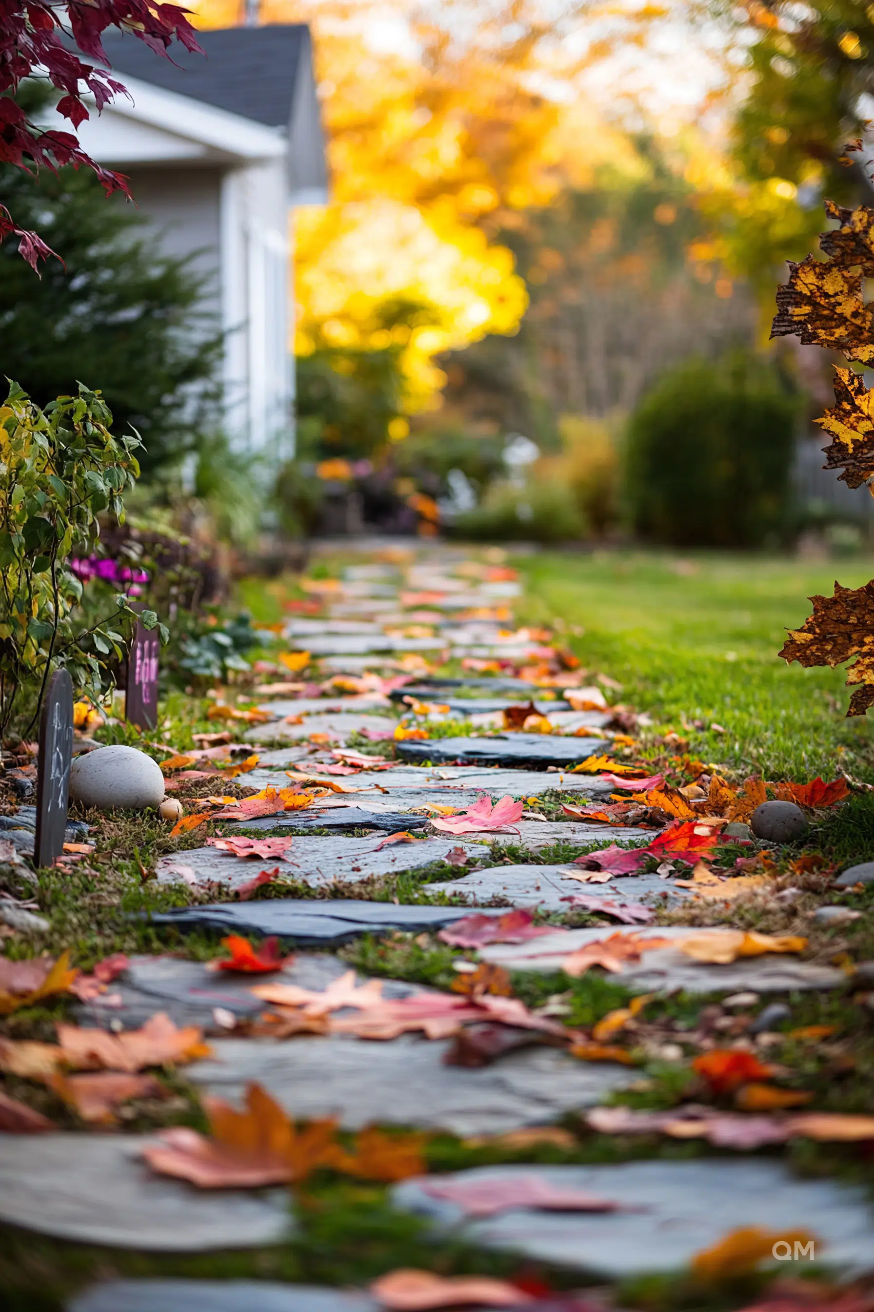 A stone pathway littered with colorful autumn leaves leads towards a house with trees showcasing fall foliage in the background.