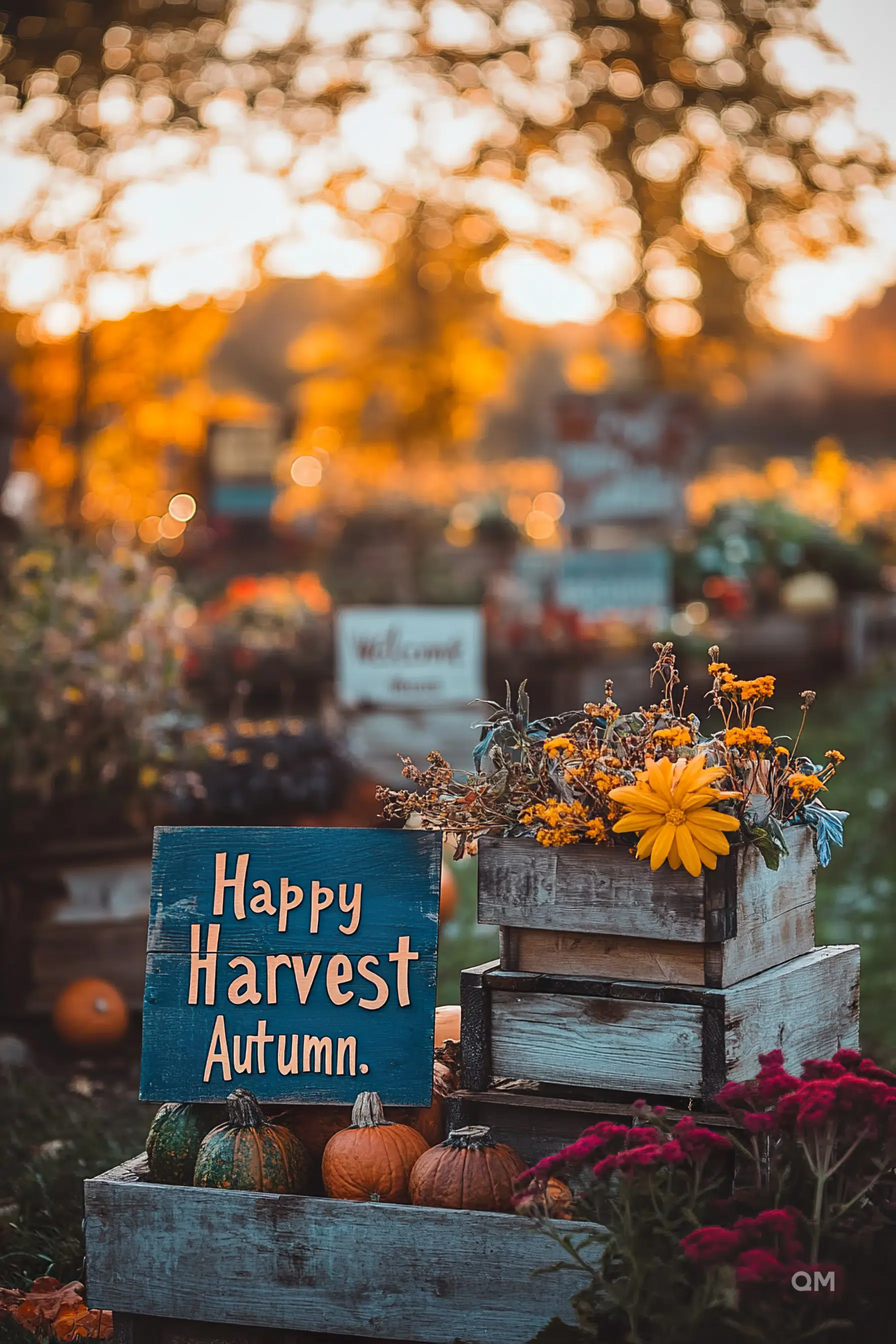 A sign reading "Happy Harvest Autumn" amidst pumpkins and flowers, with a warm sunset illuminated trees in the background.
