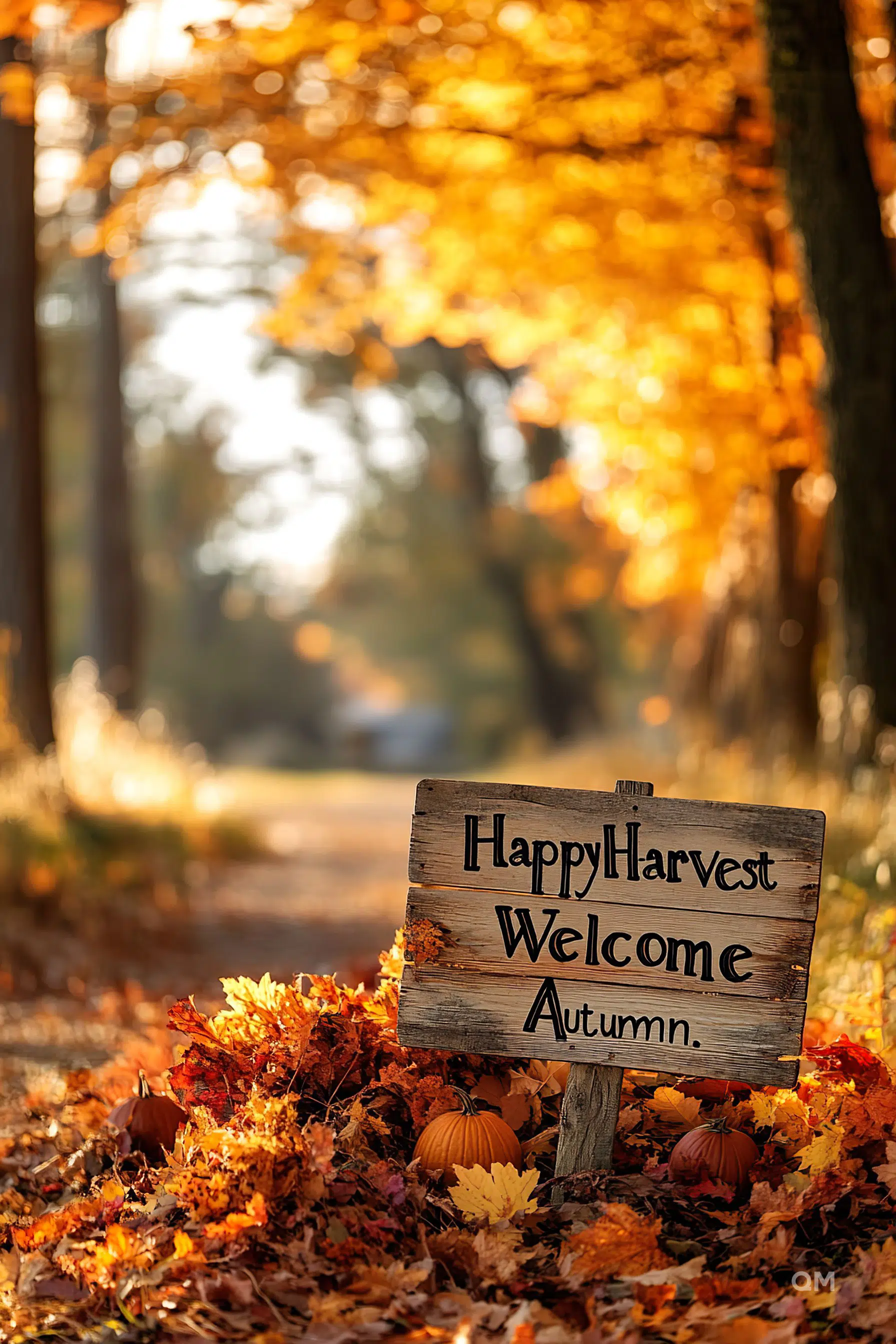 A wooden sign reading "Happy Harvest Welcome Autumn" surrounded by fall leaves and pumpkins on a forest path with golden autumn trees.