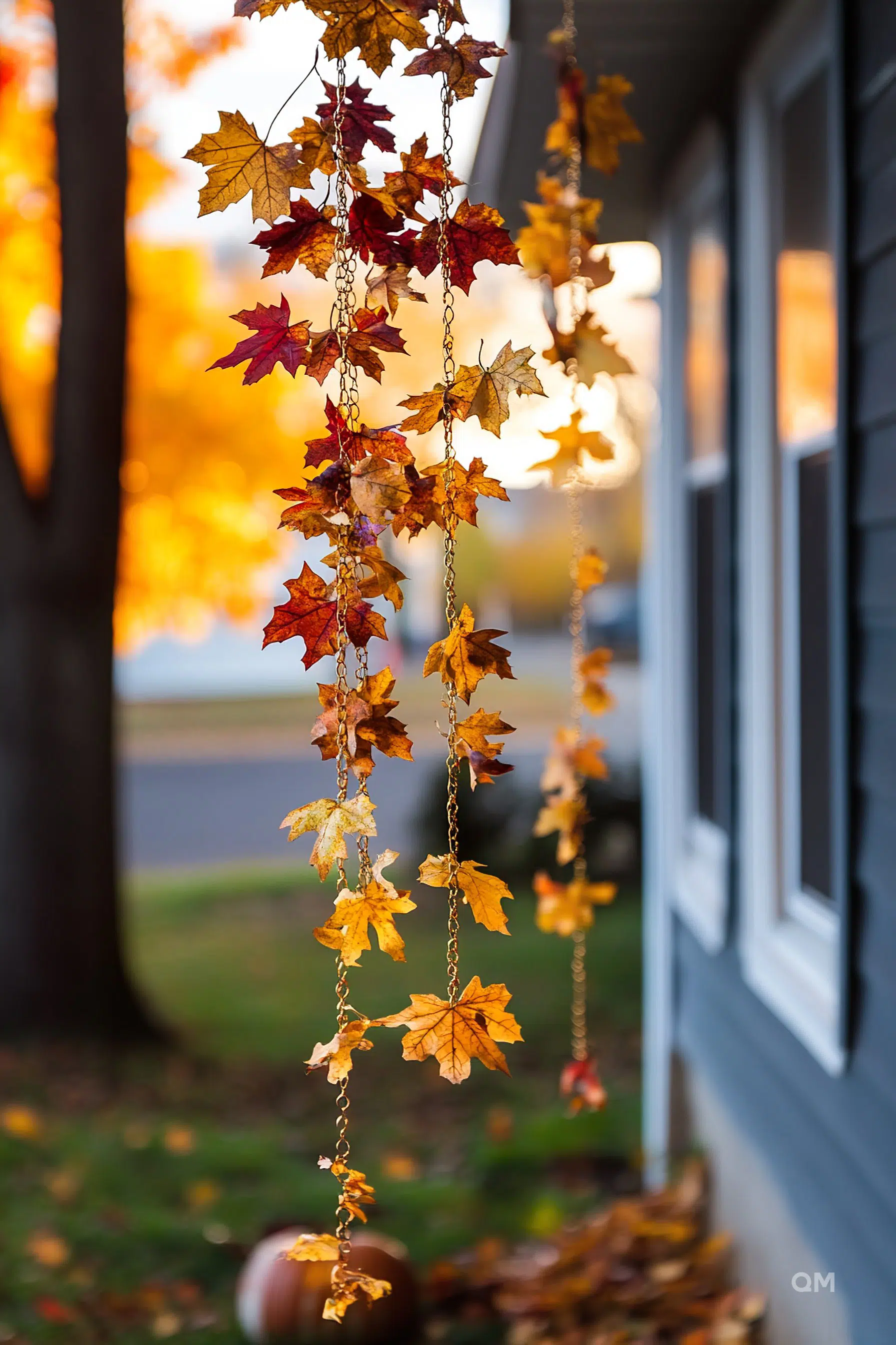 Golden autumn leaves hanging from chains by a house with a warm, blurred background during twilight.
