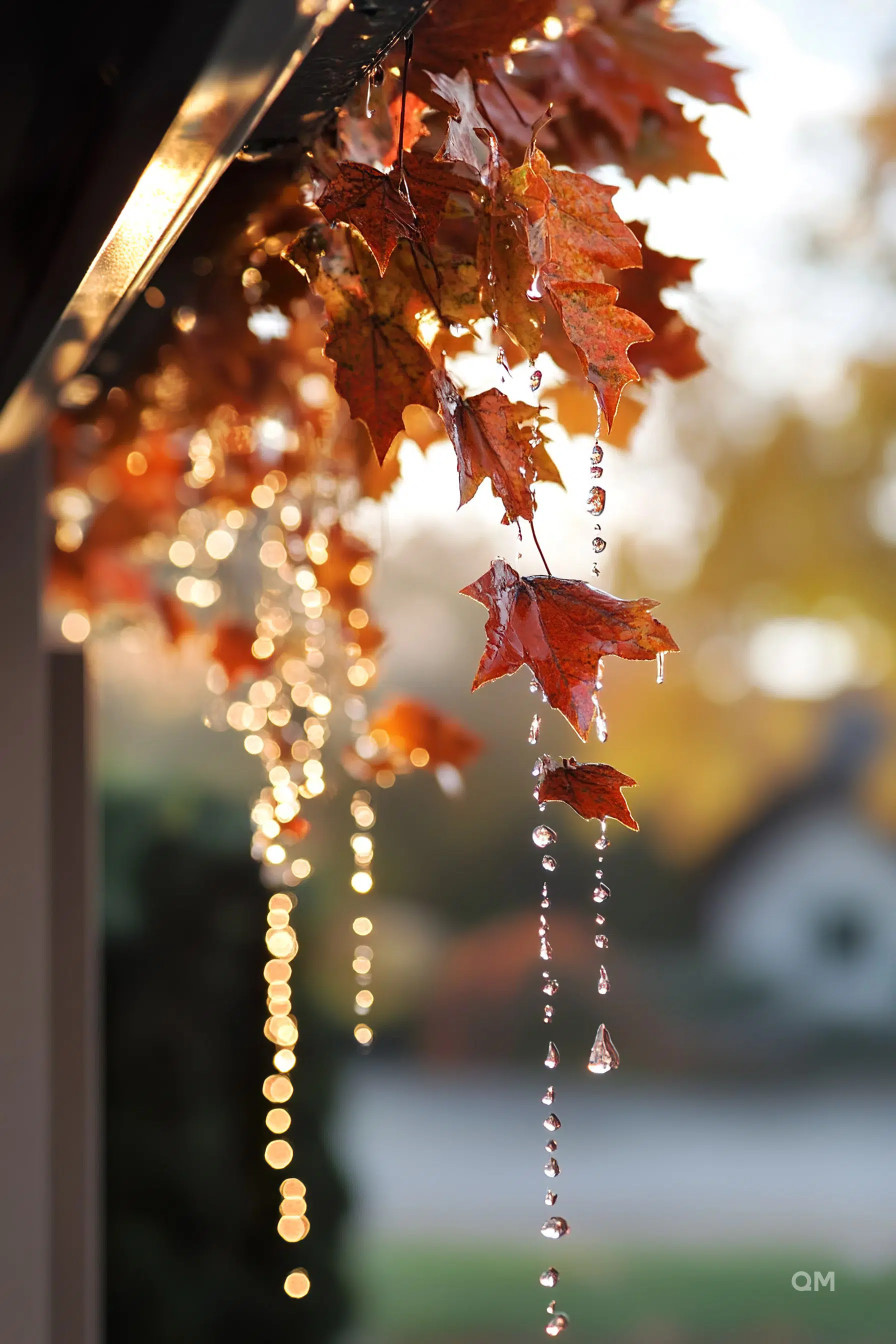 Autumn leaves with water droplets hanging from a gutter, glowing in the soft light of a sunrise or sunset.