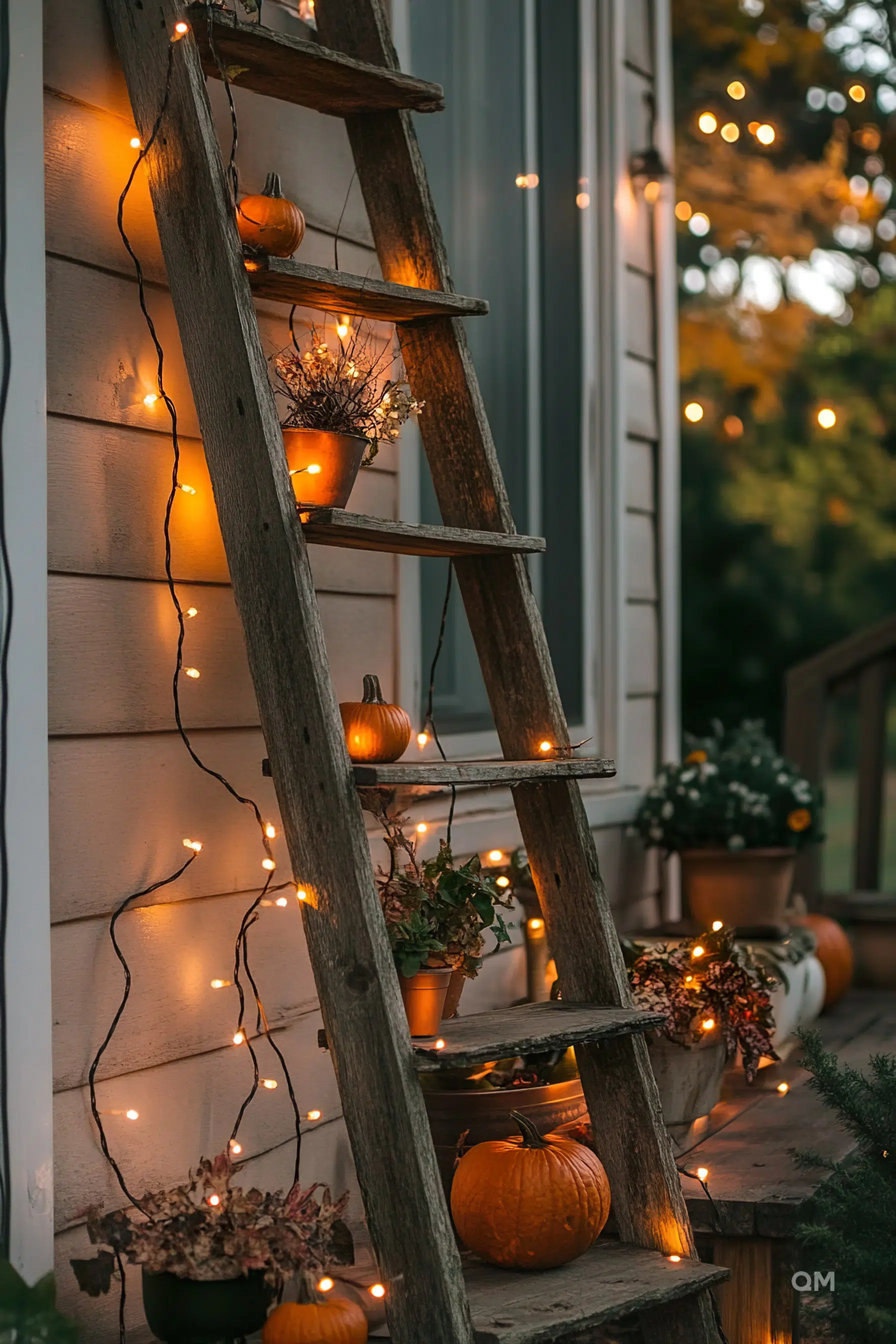 Cozy autumn decor with a wooden ladder adorned with tiny lights and pumpkins, set against a house at dusk.
