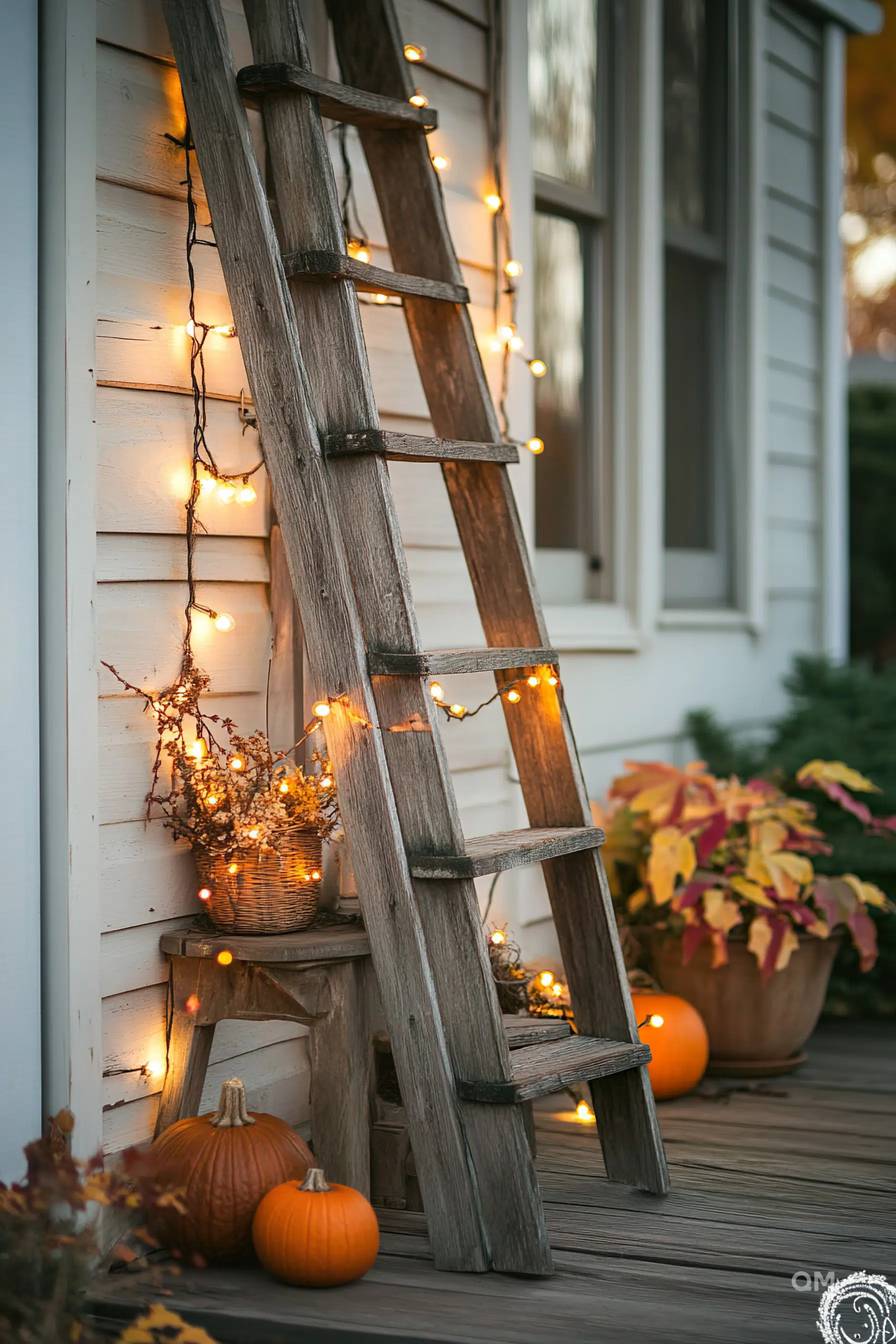An old wooden ladder adorned with string lights next to pumpkins and autumn foliage on a cozy porch.