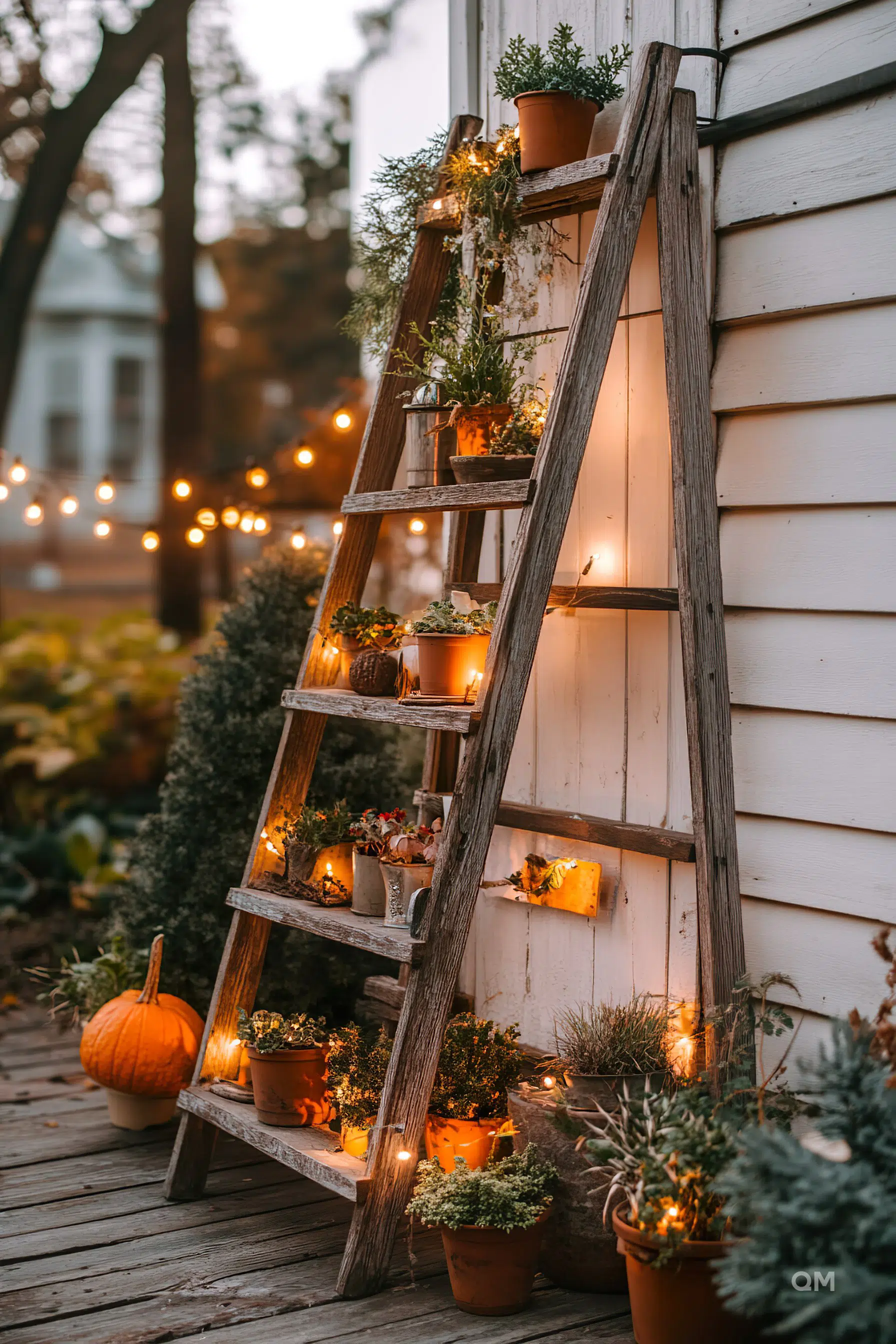 An old wooden ladder decorated with potted plants and fairy lights leaning against a white house siding, emanating a cozy autumn vibe.