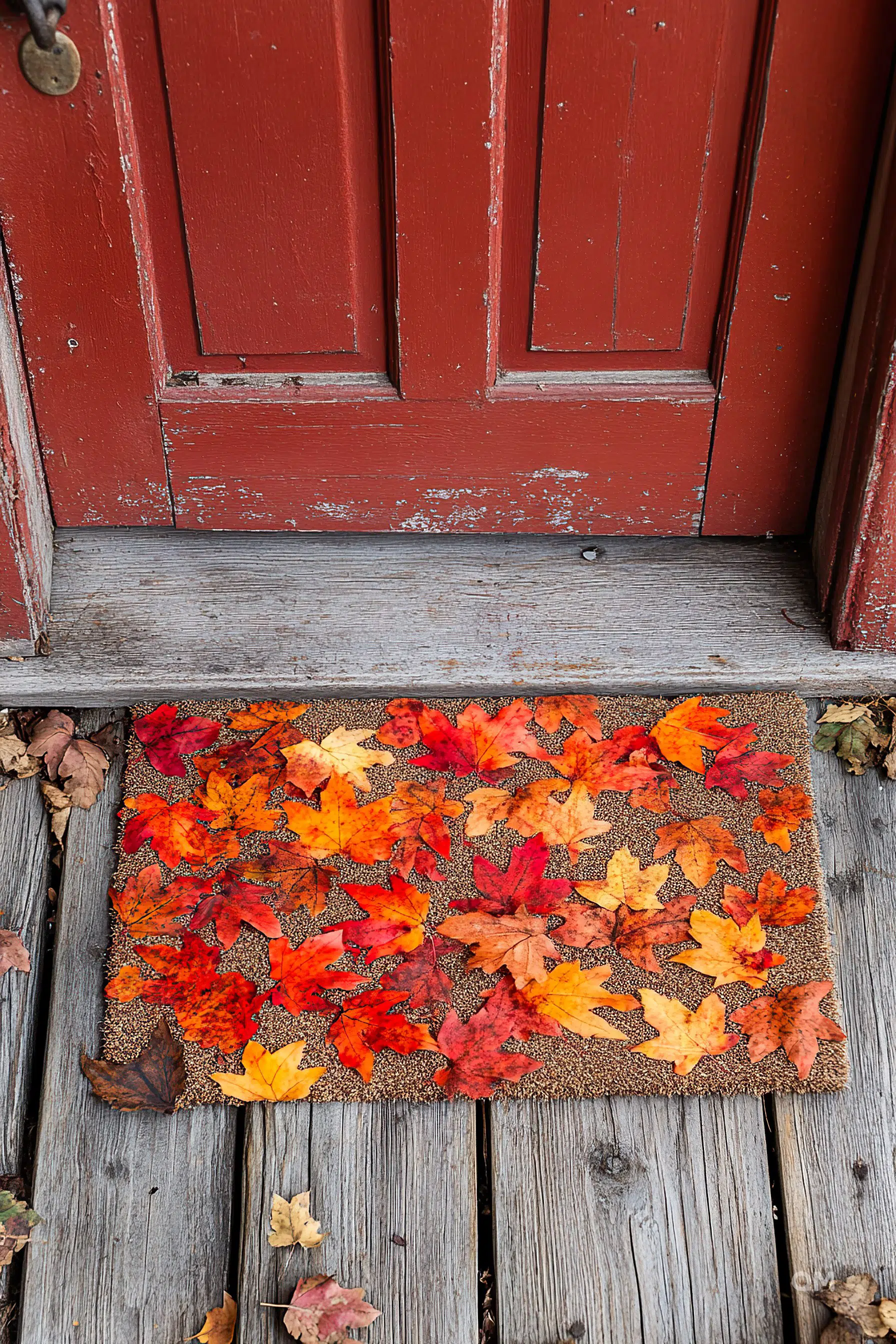 A colorful autumn doormat with red, orange, and yellow leaves in front of a worn red door on a wooden porch.