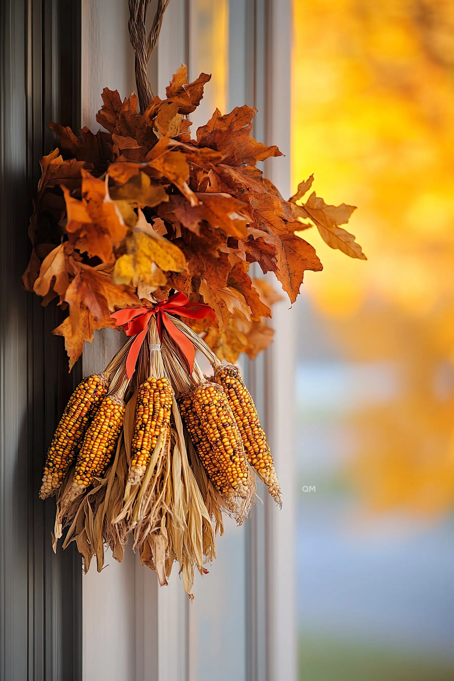 A festive autumn wreath with dried red and yellow leaves and bundles of golden corn cobs hanging on a door, with blurry warm light in the background.