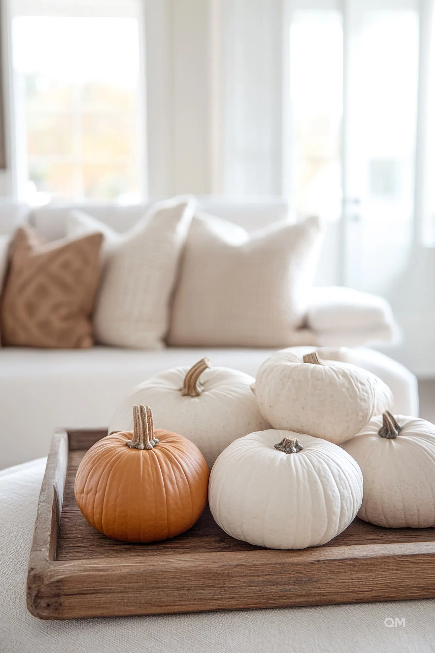 "Assorted white and one orange pumpkin on a wooden tray in a bright room with a soft-focus background showing a couch and window."