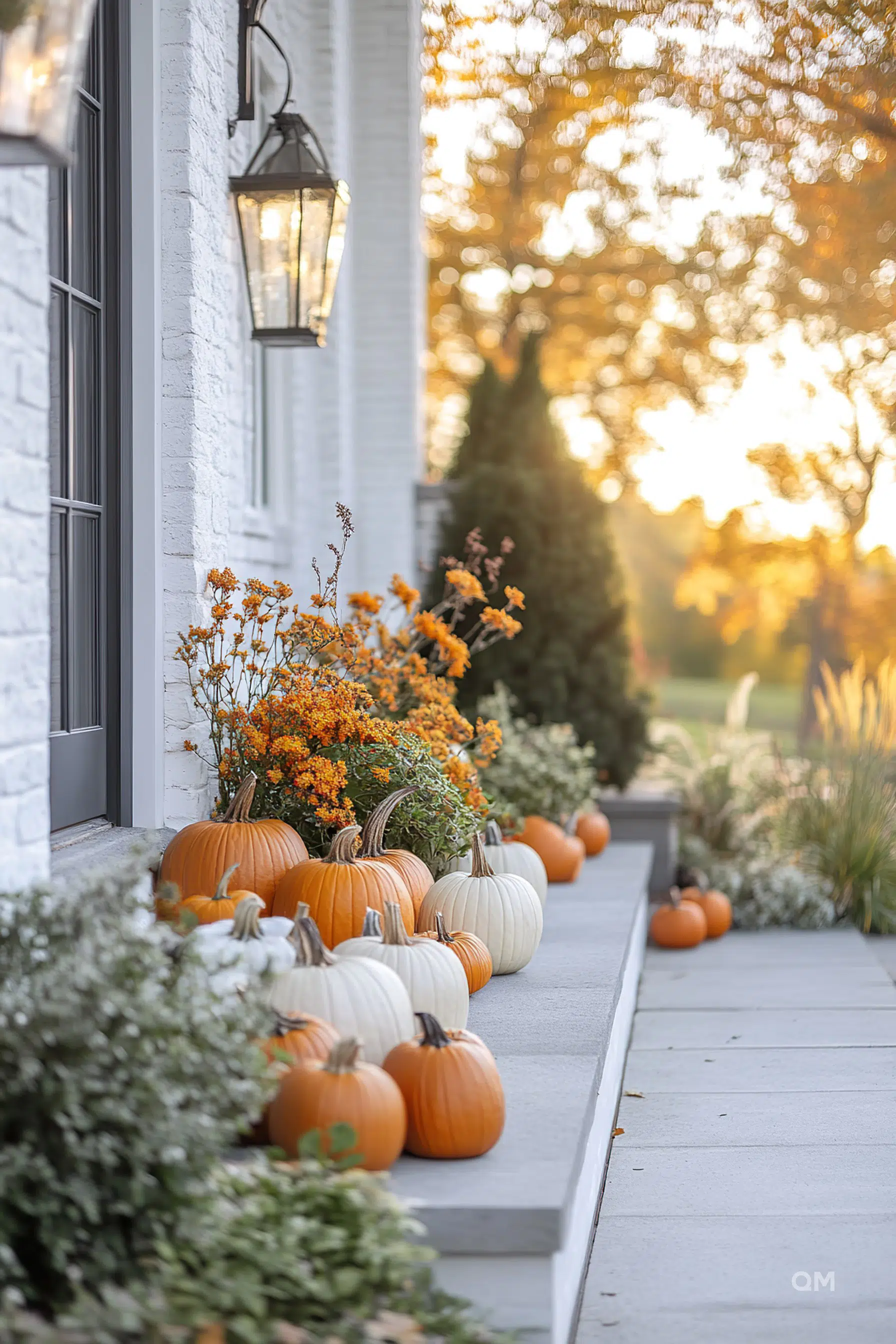 A picturesque autumnal scene with various pumpkins lined along a house's entryway, complemented by orange flowers and a warm sunset glow.