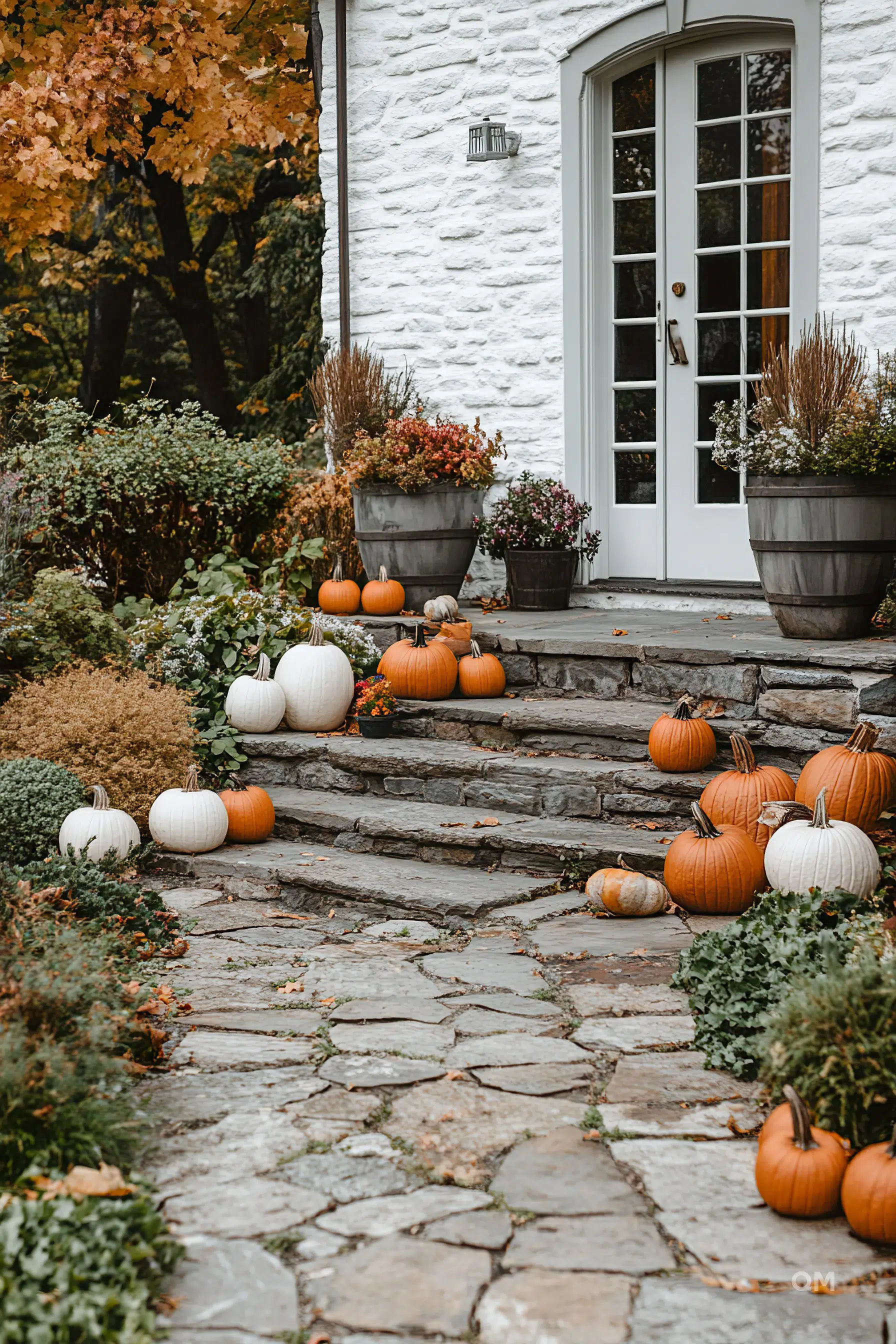 A cozy entryway adorned with a variety of pumpkins along stone steps leading to a white door, flanked by large planters with autumnal plants.