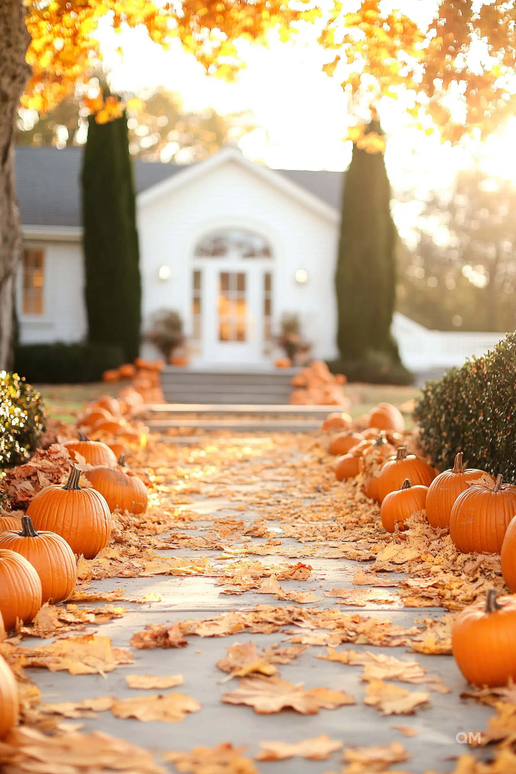 A walkway lined with pumpkins leading to a white house surrounded by autumn leaves, with a warm sunset glow in the background.
