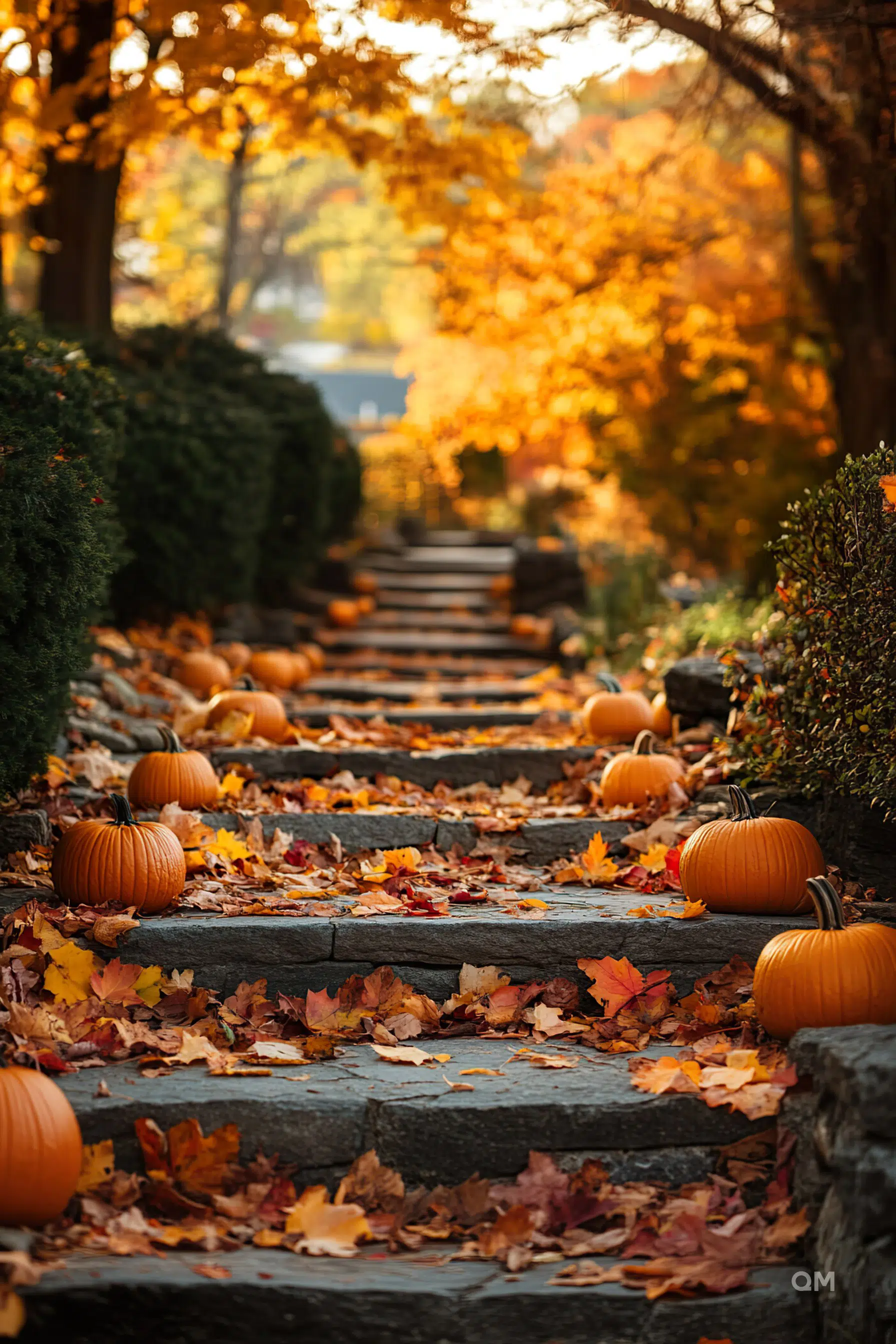 Stone steps lined with pumpkins and fallen autumn leaves, surrounded by trees with orange foliage.