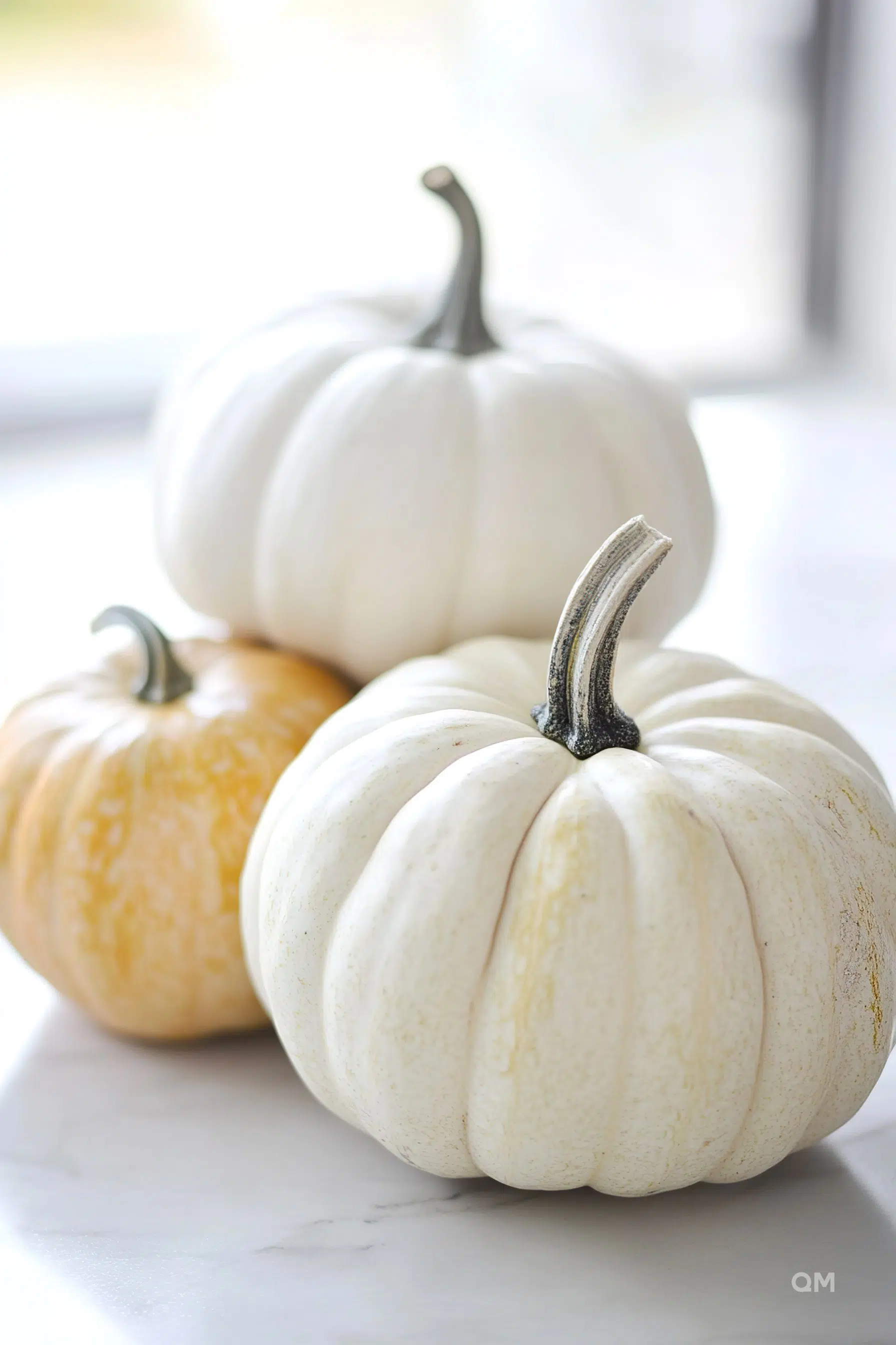 Three pumpkins with different colors, the closest with prominent ribs, on a marble surface with soft lighting.
