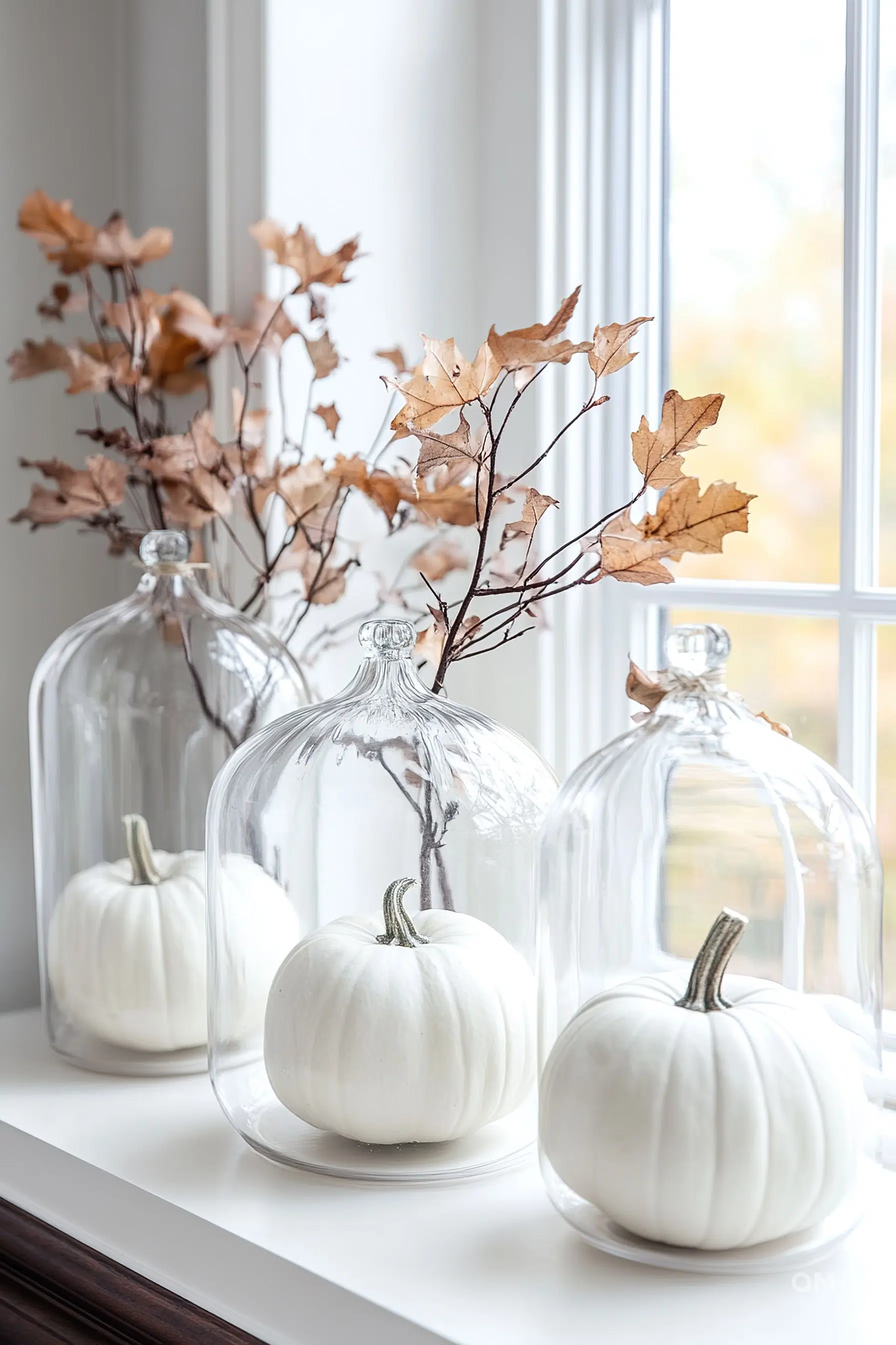 Three glass cloches containing white pumpkins with dried autumn leaves on branches, displayed on a windowsill.