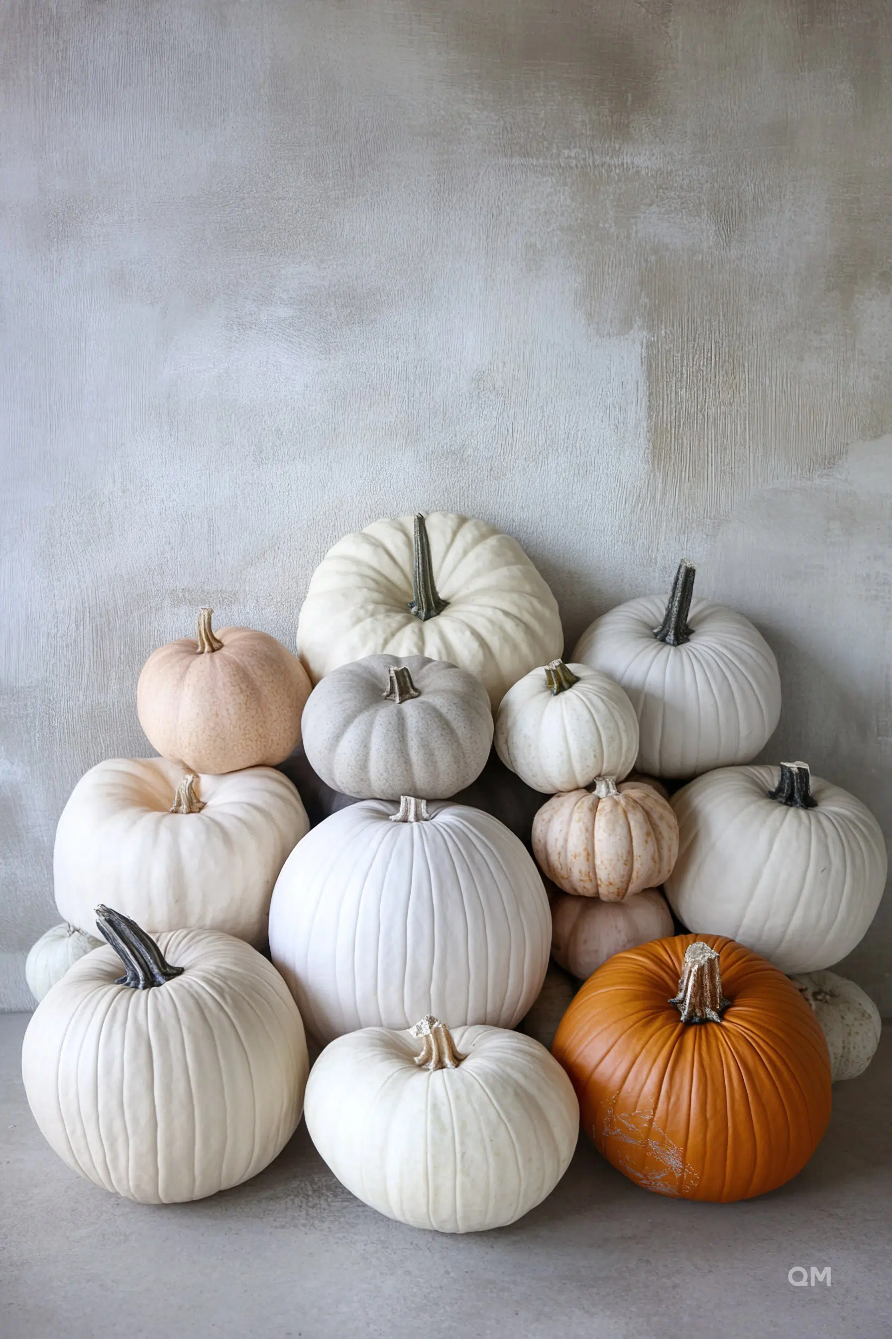 A collection of pumpkins in various shades of white, beige, gray, and one orange, against a textured gray background.